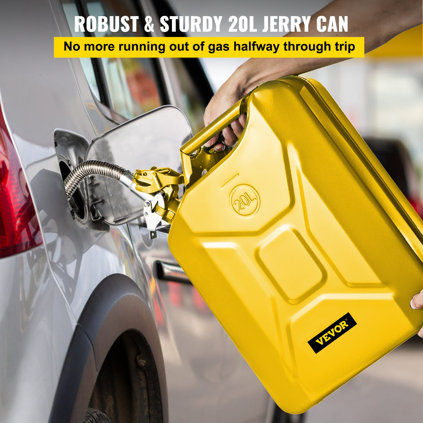 VEVOR Jerry Fuel Can, 5.3 Gallon / 20 L Portable Jerry Gas Can with Flexible Spout System, Rustproof & Heat-resistant Steel Fuel Tank for Cars Trucks Equipment, Yellow