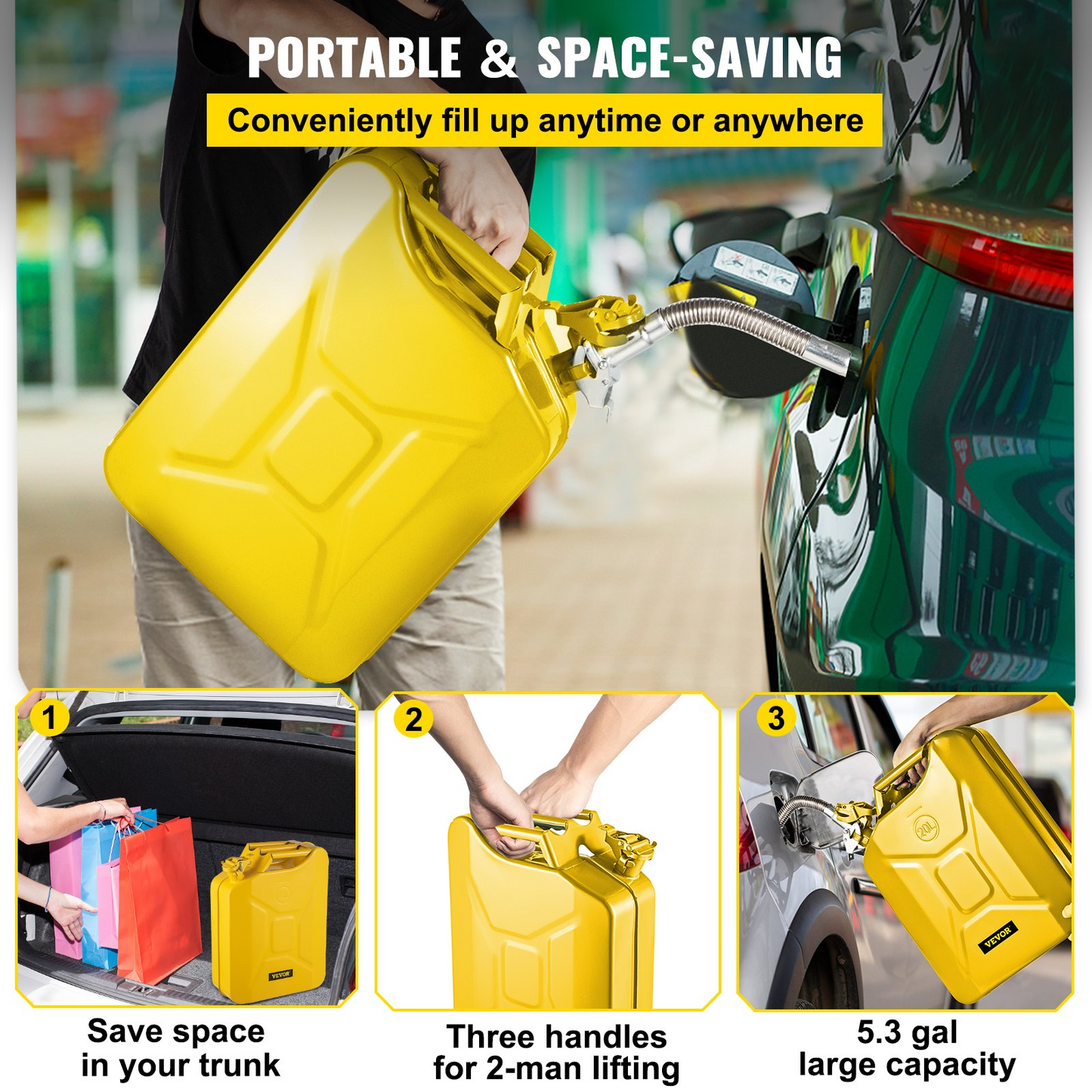 VEVOR Jerry Fuel Can, 5.3 Gallon / 20 L Portable Jerry Gas Can with Flexible Spout System, Rustproof & Heat-resistant Steel Fuel Tank for Cars Trucks Equipment, Yellow