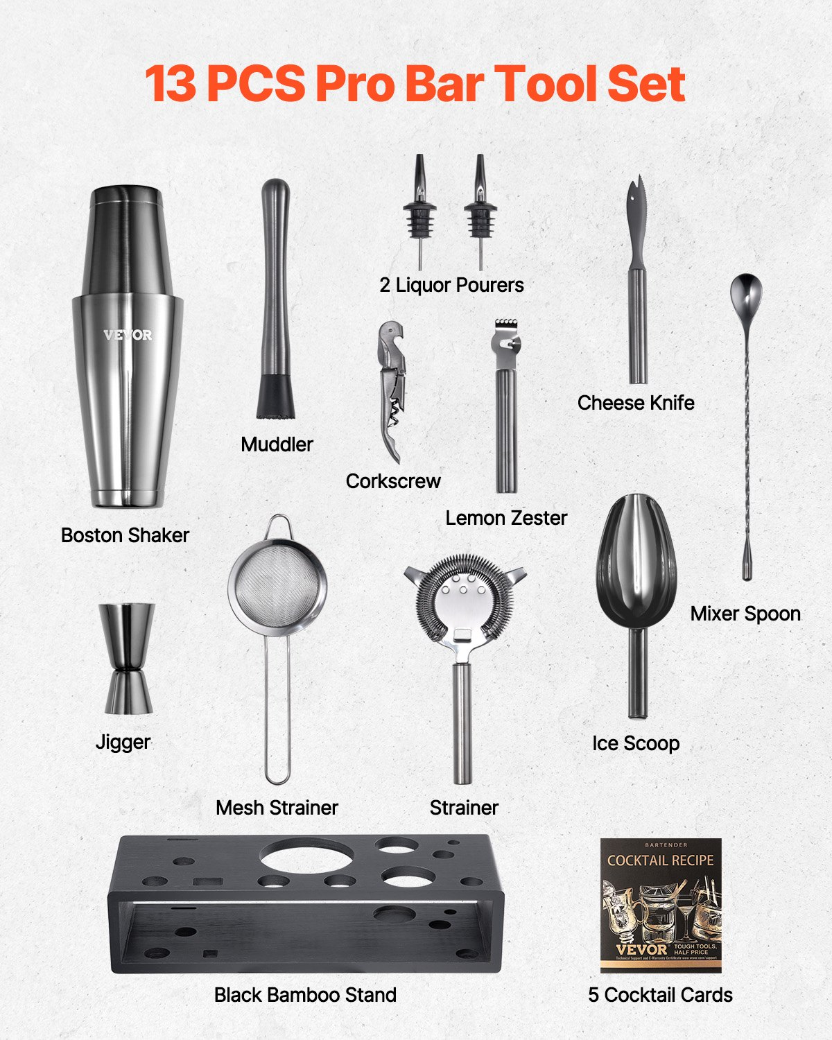 VEVOR Cocktail Shaker Set 13Pcs Bartender Kit Stainless Steel Bar Tools Gunmetal