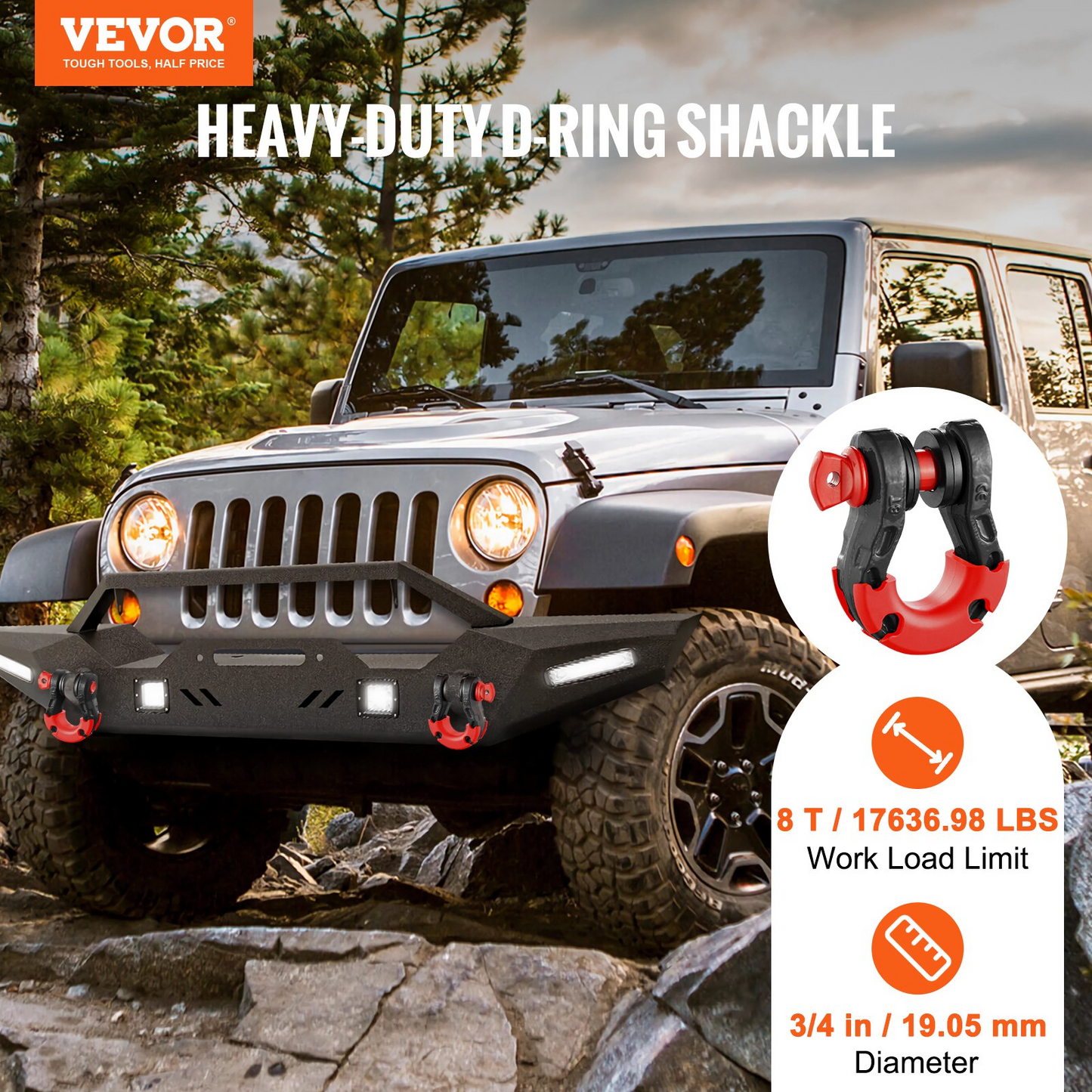 VEVOR 2 Pack 19 mm D Ring Shackle with 22.2 mm Screw Pin 30 Ton Break Strength