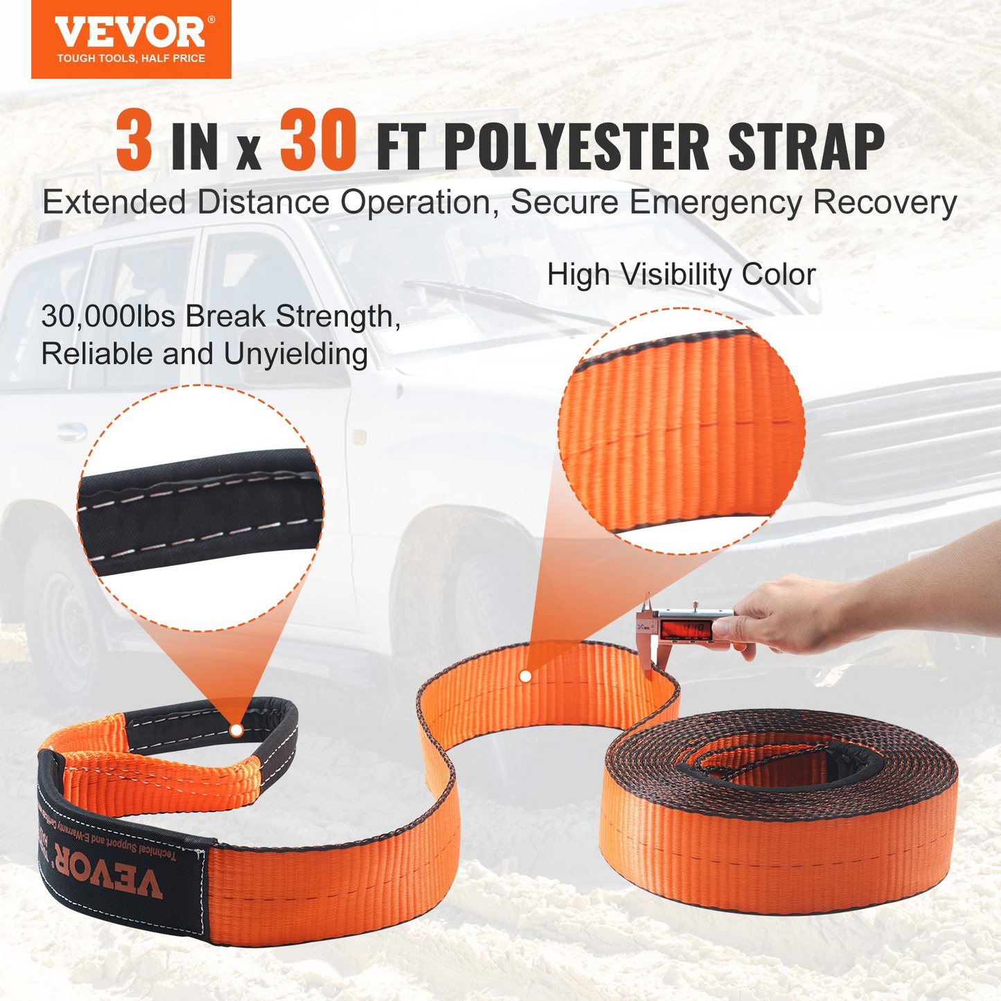 VEVOR Off-Road Recovery Kit, 7.6 x 914.4 cm, Heavy Duty Winch Recovery Kit with 13,608 kg Capacity Polyester Tow Strap, 20,000 kg D-Ring Shackles, Storage Bag, for ATVs, Jeeps, Off-Road Vehicles, Trucks