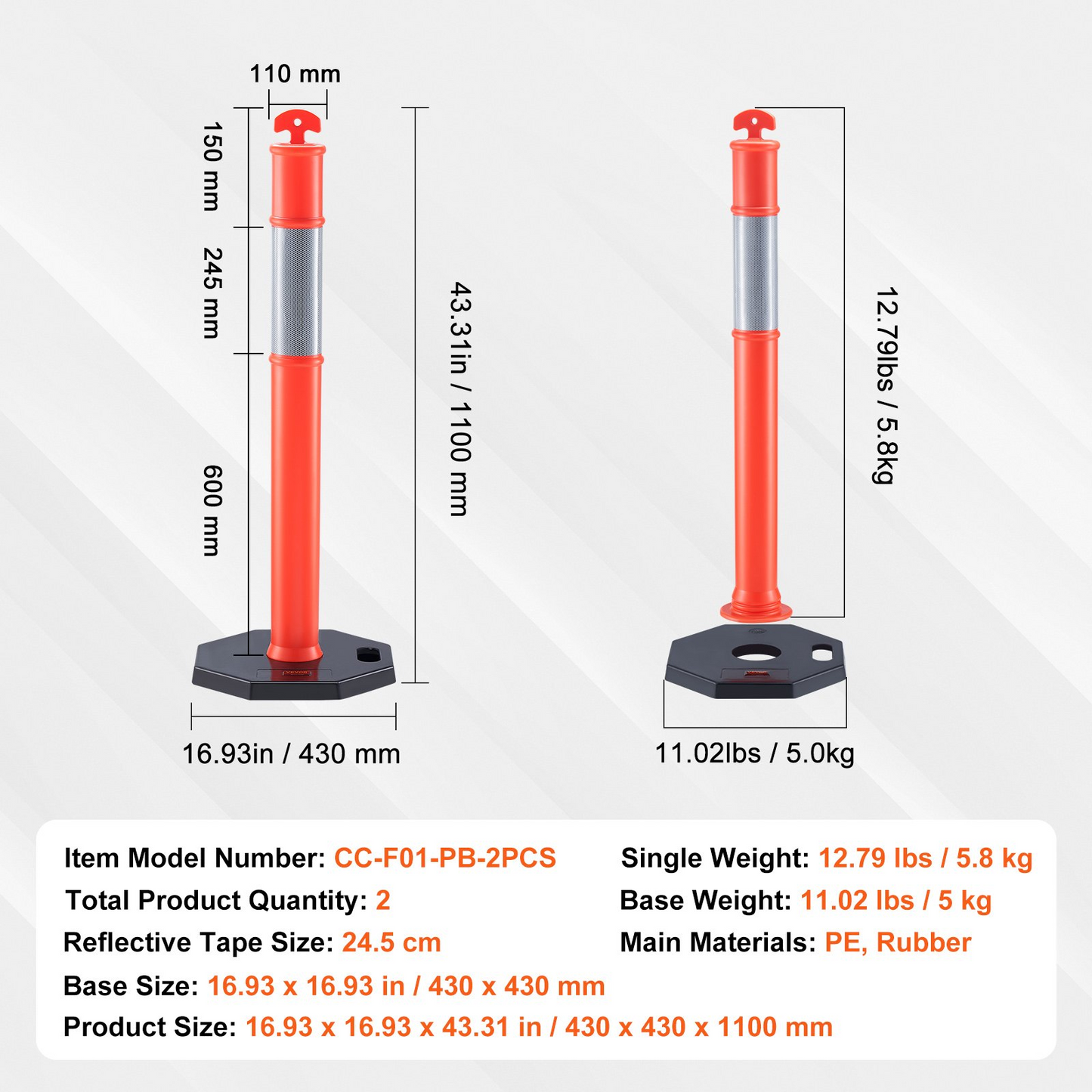 VEVOR Traffic Delineator Post Cones, 2 Pack, Traffic Safety Delineator Barrier with 16.93 x 16.93 in Rubber Base, for Traffic Control Warning Outdoor Indoor Use Parking Lot Construction Caution Roads