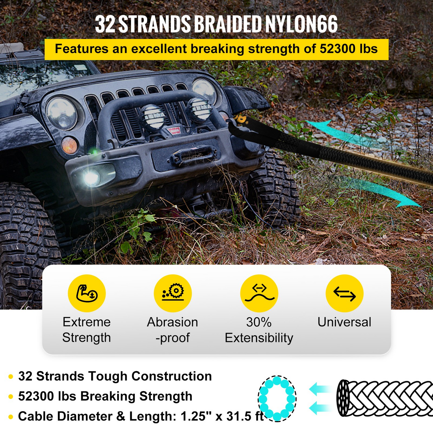 VEVOR 32 mm x 9.6 m Kinetic Recovery & Tow Rope, 23,723 kg, Heavy Duty Nylon Double Braided Kinetic Energy Rope, for Truck Off-Road Vehicle ATV UTV, Carry Bag Included, Black