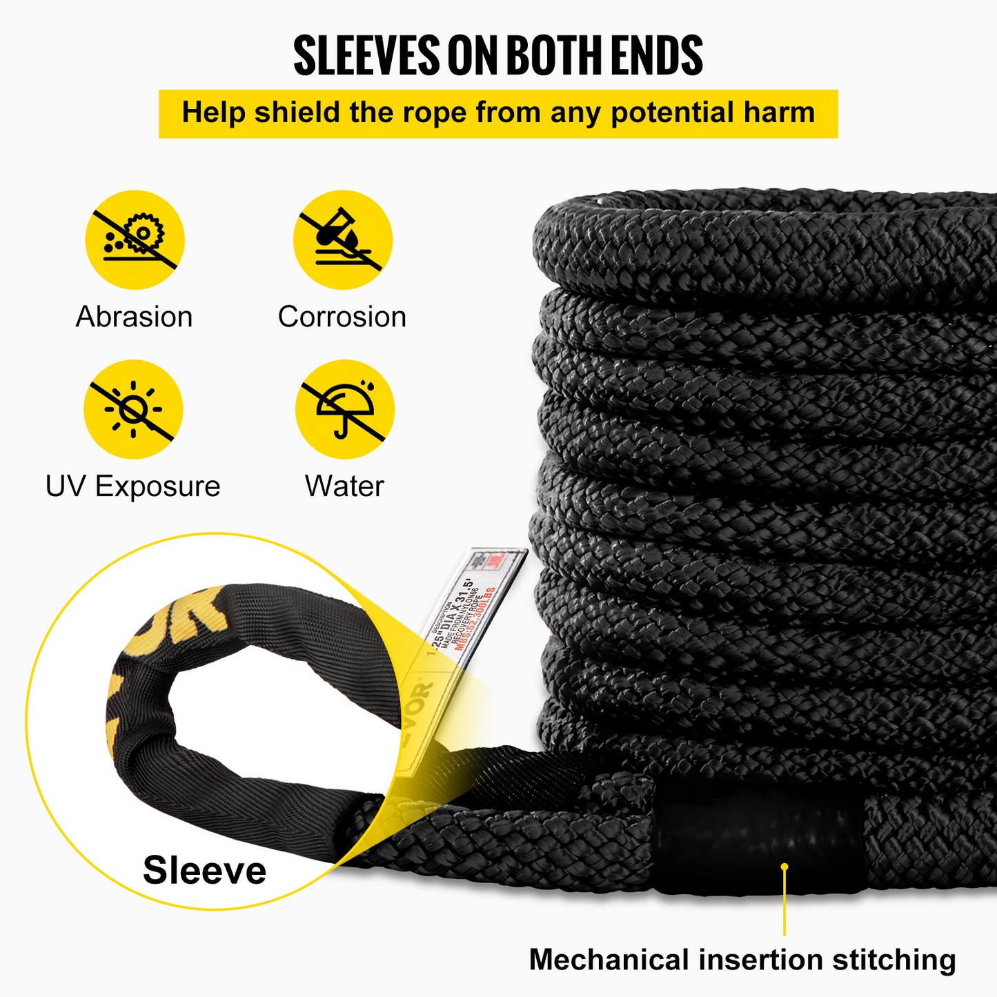 VEVOR 32 mm x 9.6 m Kinetic Recovery & Tow Rope, 23,723 kg, Heavy Duty Nylon Double Braided Kinetic Energy Rope, for Truck Off-Road Vehicle ATV UTV, Carry Bag Included, Black