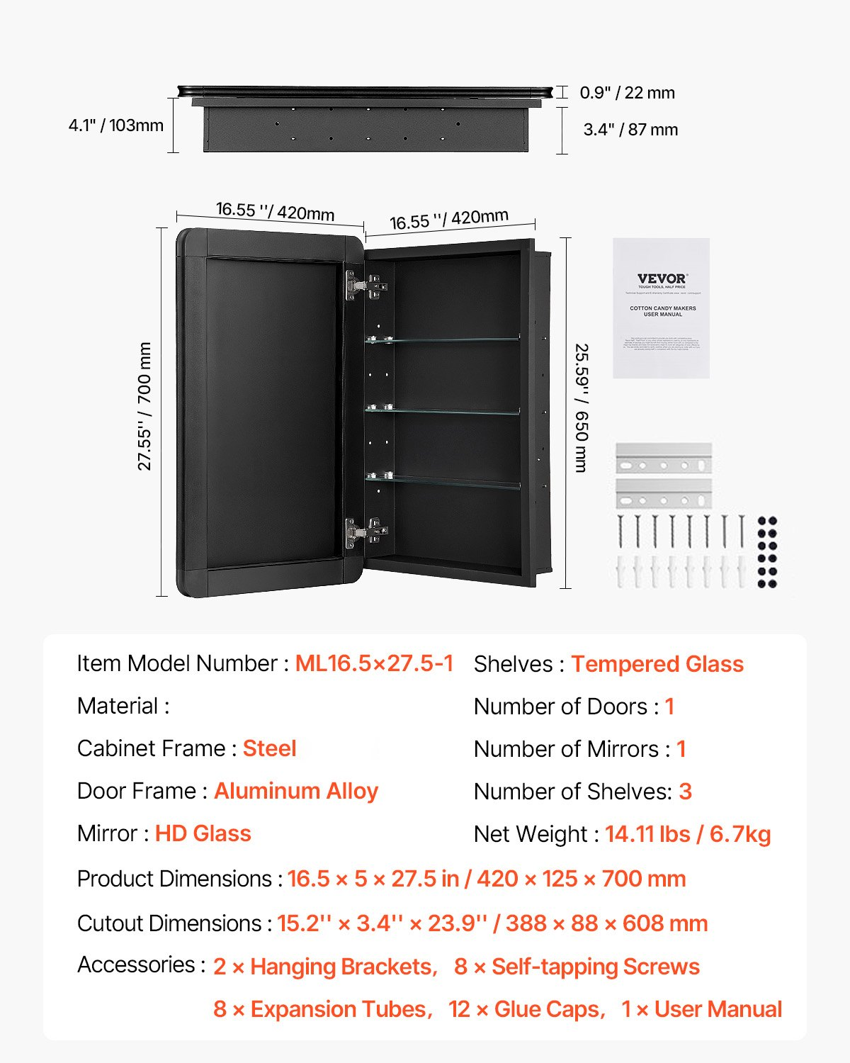 VEVOR Medicine Cabinet 16.5" x 27.5" Mirror Medicine Cabinet Adjustable Shelves