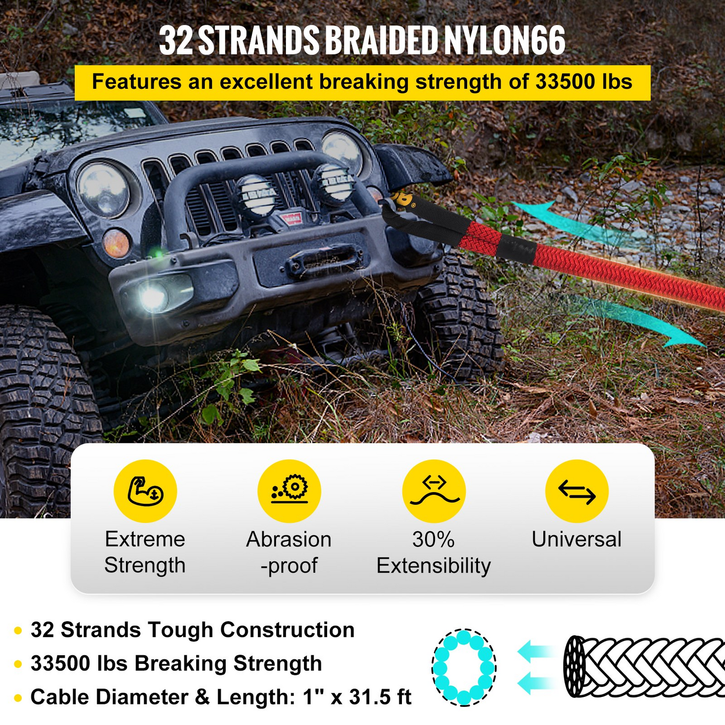 VEVOR 1" x 31.5' Recovery Tow Rope, 15195 kg, Heavy Duty Nylon Double Braided Kinetic Energy Rope with Loops and Protective Sleeves, for Truck Off-Road Vehicle ATV UTV, Carry Bag Included, Red