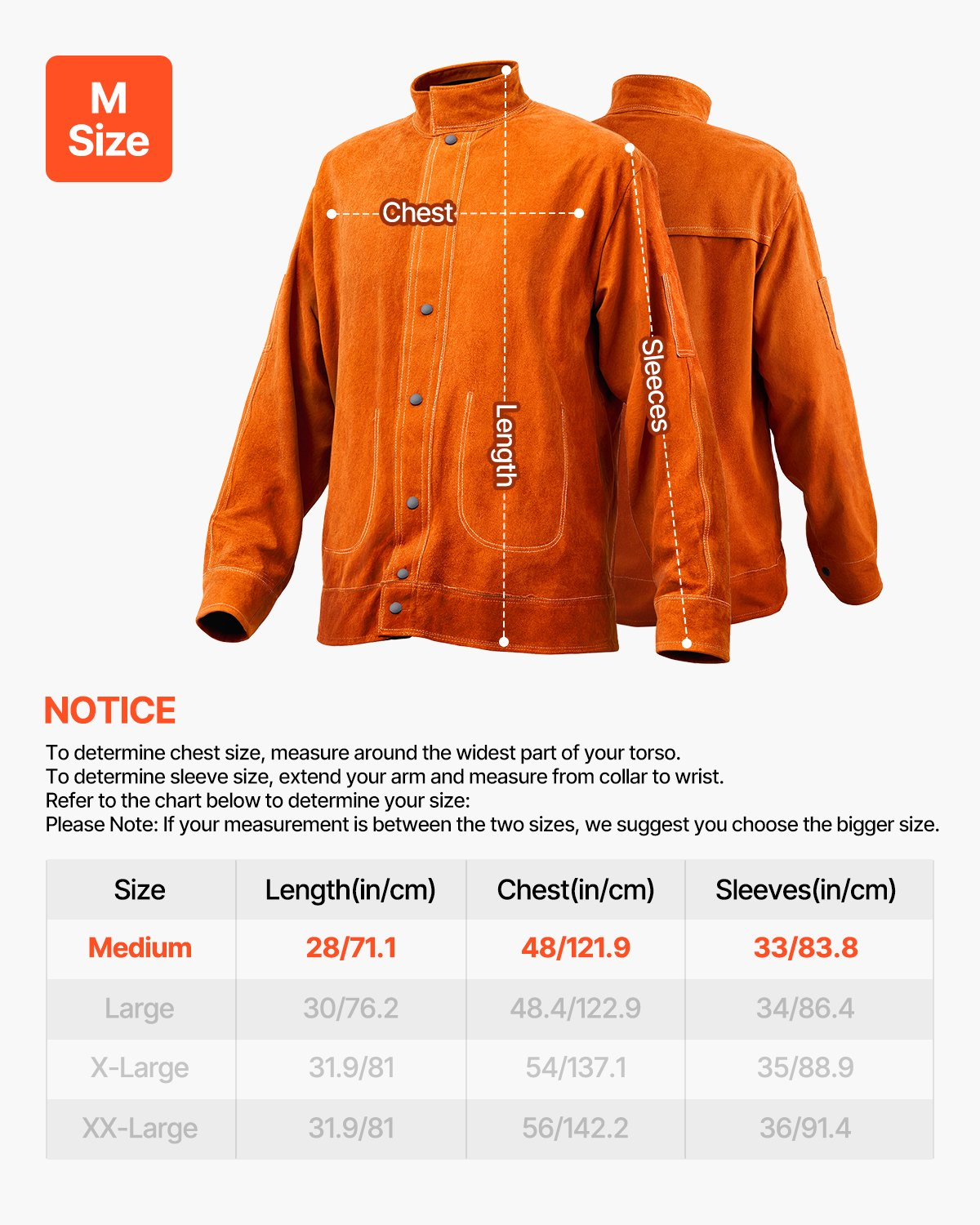 VEVOR Flame-Resistant Welding Jacket Heavy Duty Leather Welding Jacket M Size