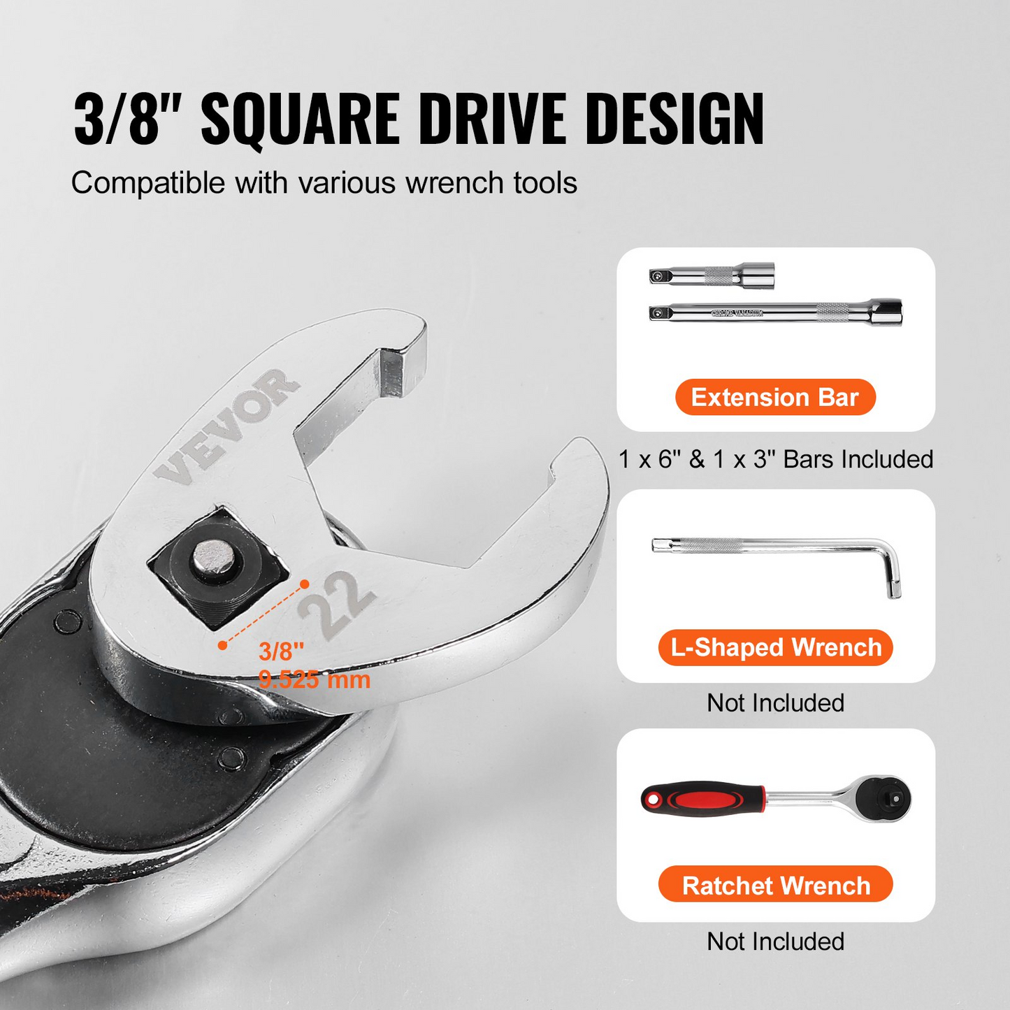 VEVOR 3/8" Drive Crowfoot Wrench Set with 2 Extension Bars, 24-Piece Crows Foot Wrench Set, SAE 3/8"-1" and Metric 10-22 mm, CR-MO Steel Crowfoot Wrench Set, with EVA Tool Organizer