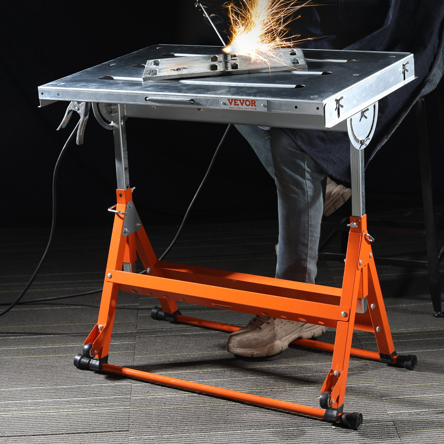 VEVOR Welding Table 76.2 cm x 50.8 cm, 181.4 kg Load Capacity Steel Welding Workbench Table on Wheels, Folding Work Bench with Three 2.8 cm Slot, 3 Tilt Angles, Adjustable Height, Retractable Guide Rails