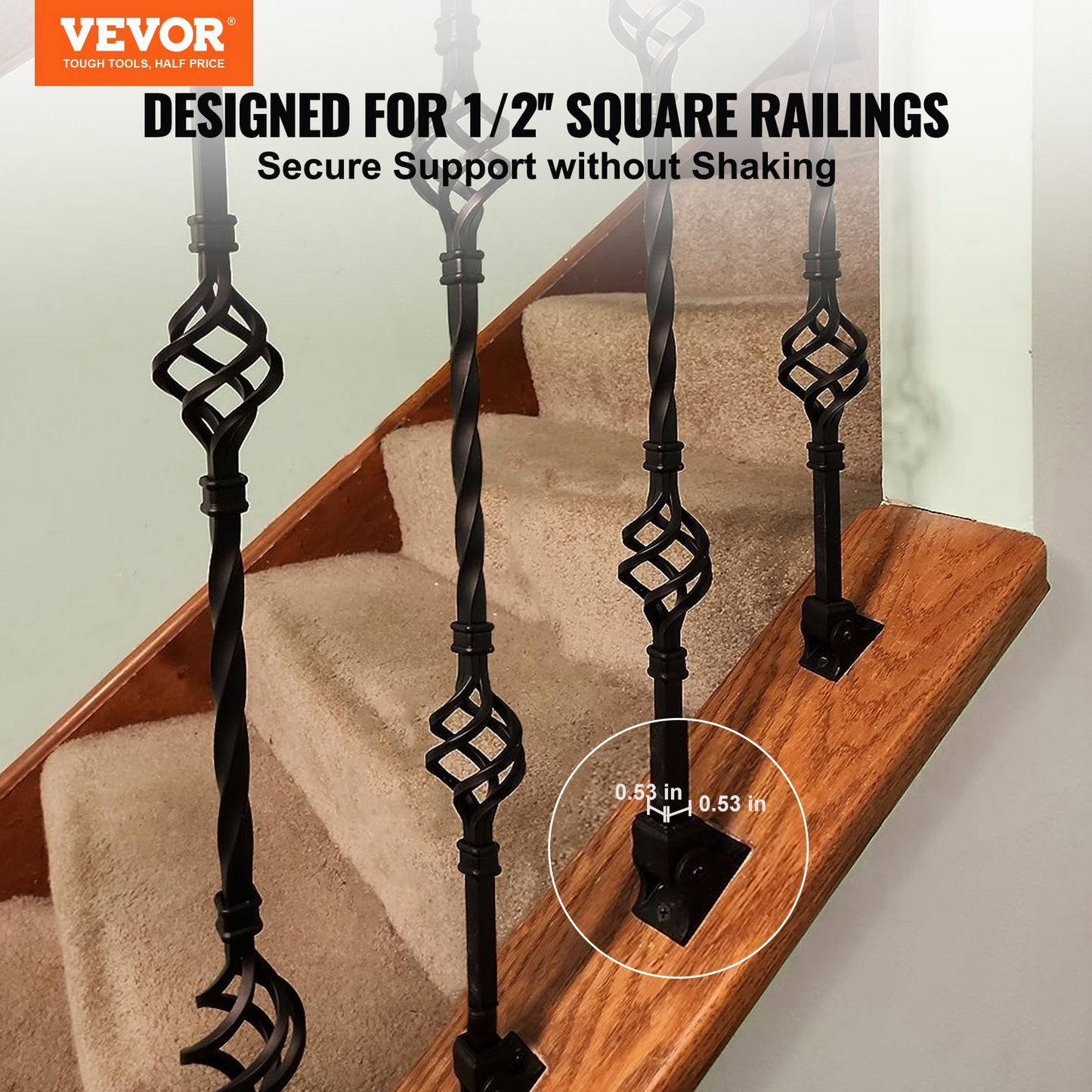 VEVOR Aluminum Alloy Baluster Shoes Square Balusters Baluster Wrought Spindles for Staircase Slant Shoes with Screw Holes for 1/2 Inch Staircase Balusters, Black (50 Pcs)(Screws Sold Separately)