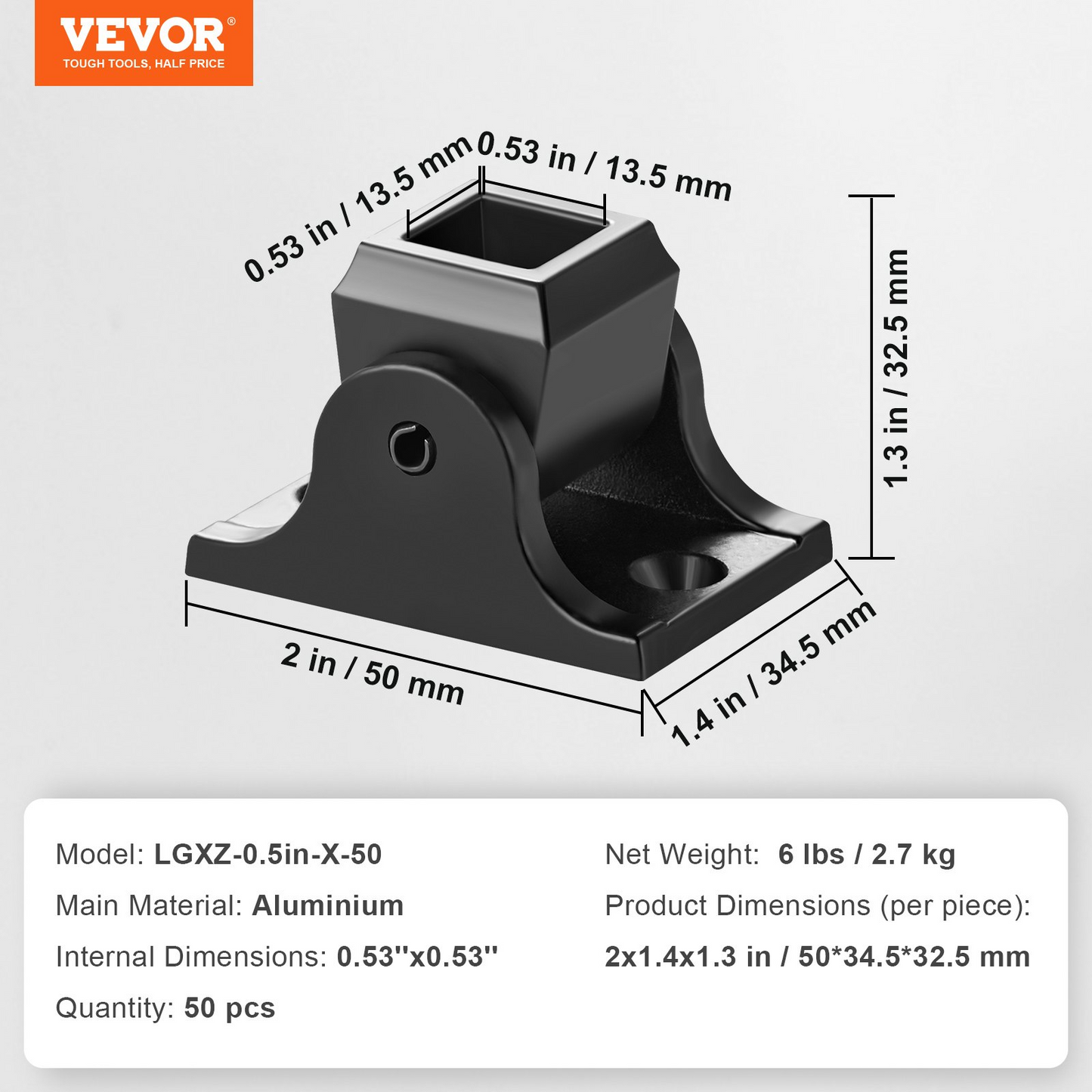 VEVOR Aluminum Alloy Baluster Shoes Square Balusters Baluster Wrought Spindles for Staircase Slant Shoes with Screw Holes for 1/2 Inch Staircase Balusters, Black (50 Pcs)(Screws Sold Separately)