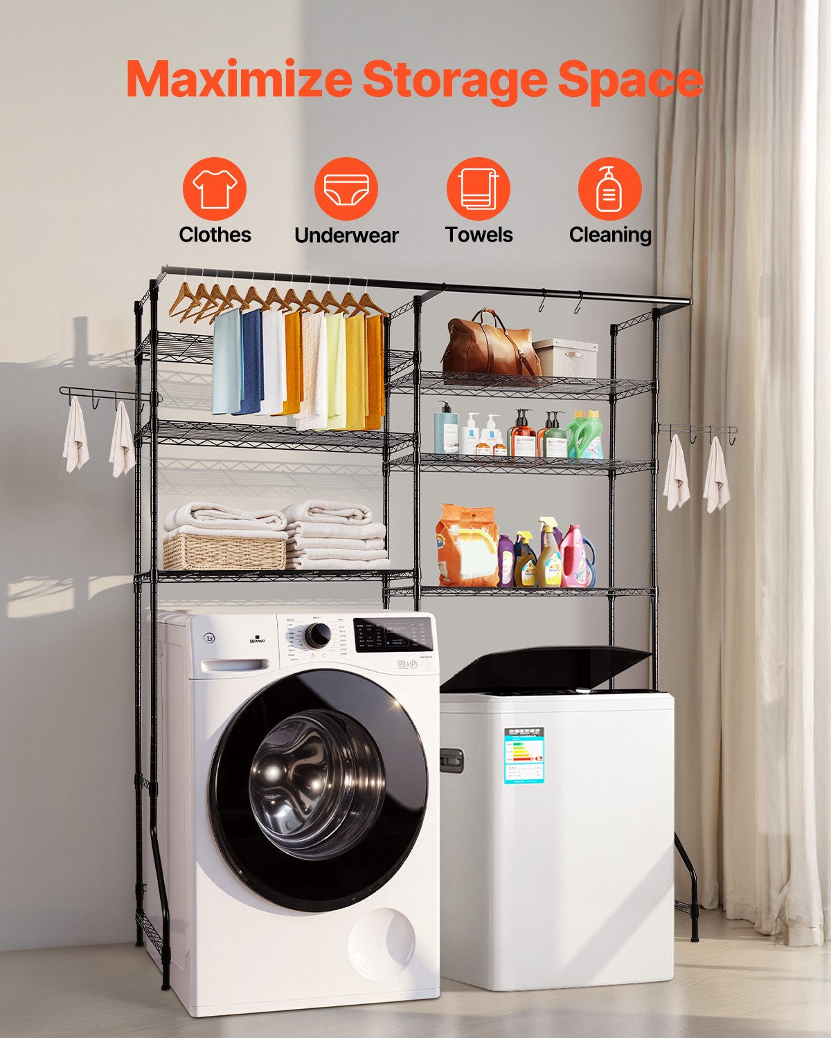 VEVOR Over Washer and Dryer Storage Shelf Two Row 6 Tiers Washer Rack Black