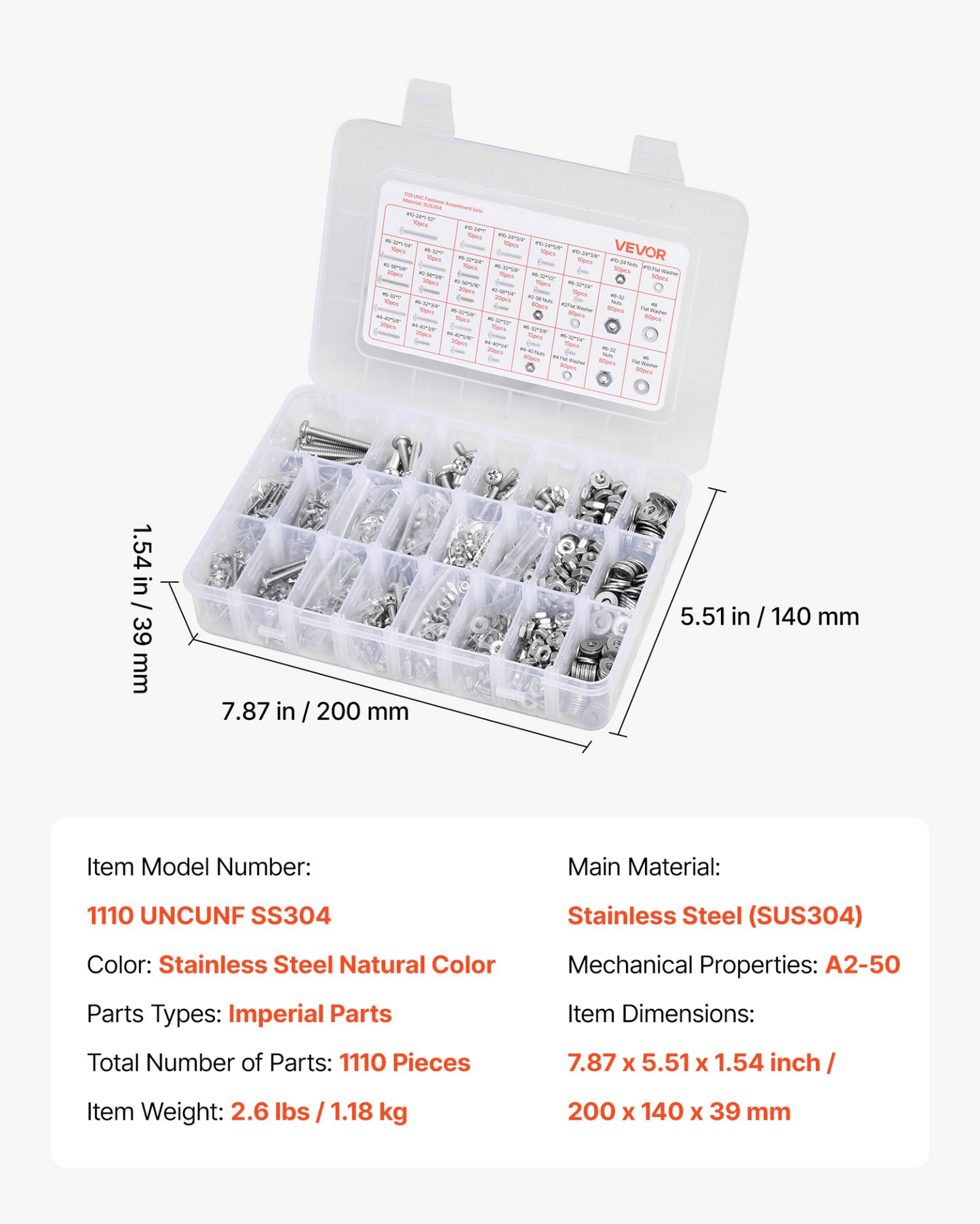 VEVOR 1110 Pcs Bolts Nuts Assortment Kit Imperial Stainless Steel for Furniture