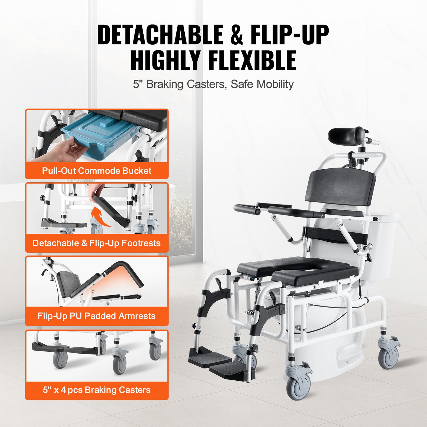 VEVOR Shower Wheelchair 17.5in/44.5 cm Al Alloy Bathroom Wheelchair for Disabled Adult