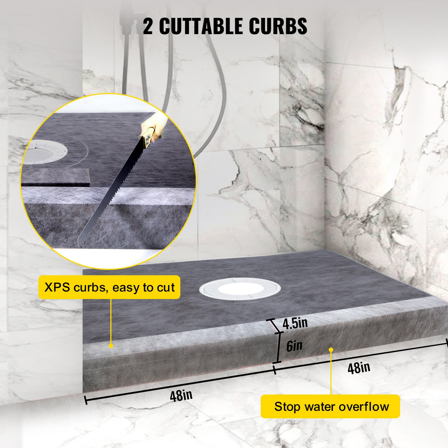 VEVOR Waterproofing Shower Kit Shower Kit Tray 48''x72'' w/ Central Drain ABS