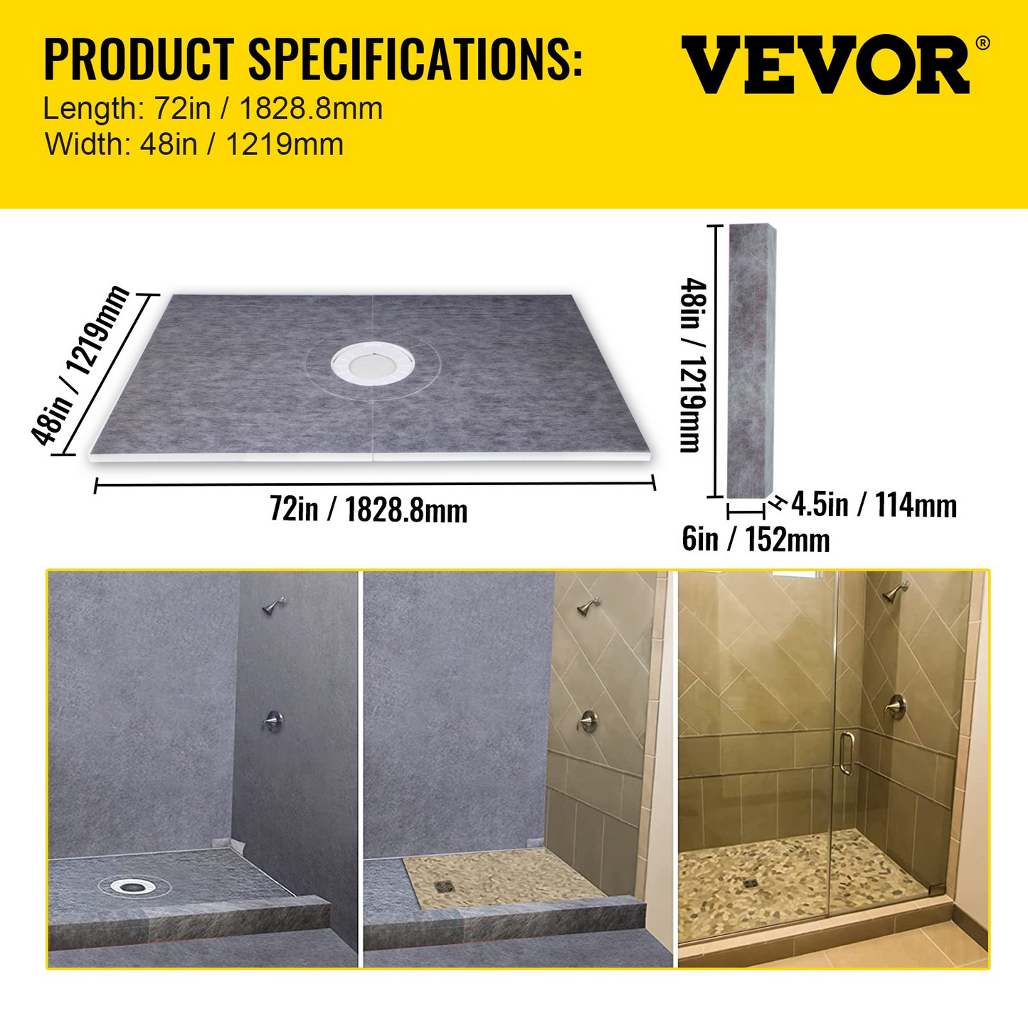 VEVOR Waterproofing Shower Kit Shower Kit Tray 48''x72'' w/ Central Drain ABS