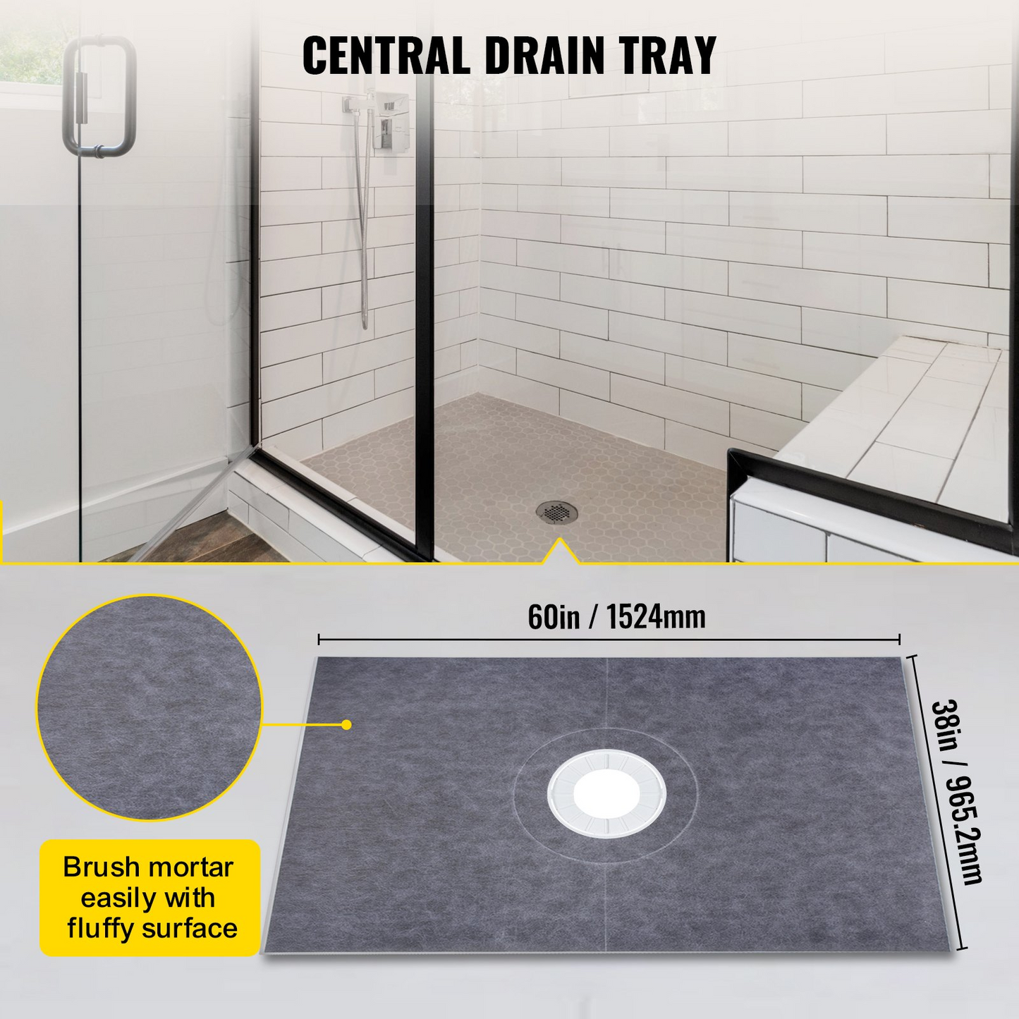 VEVOR Shower Curb Kit, 38" x 60" ABS Watertight Shower Curb Overlay with 4" ABS Central Bonding Flange, 4" Stainless Steel Grate and Trowel, Cuttable Shower Curb, Shower Pan Fit for Bathroom