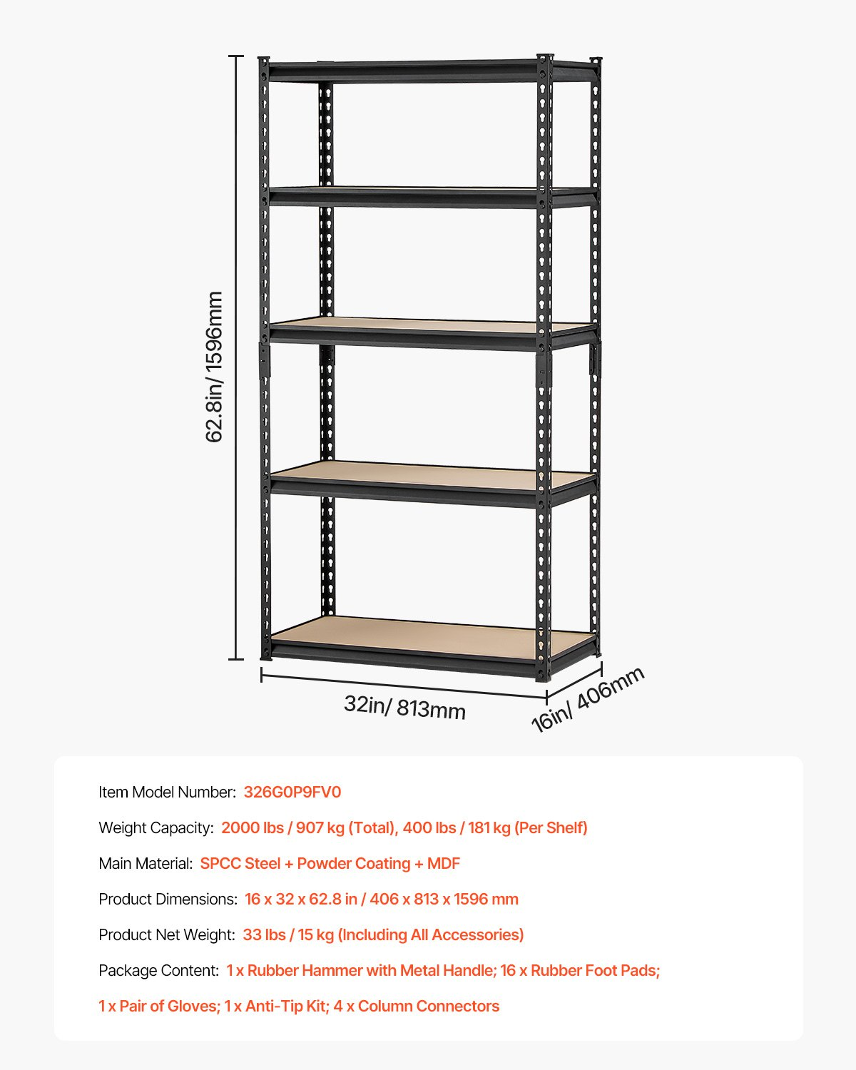 VEVOR Storage Shelves 16" D x 32" W x 62.8" H 5-tier Garage Storage Shelving