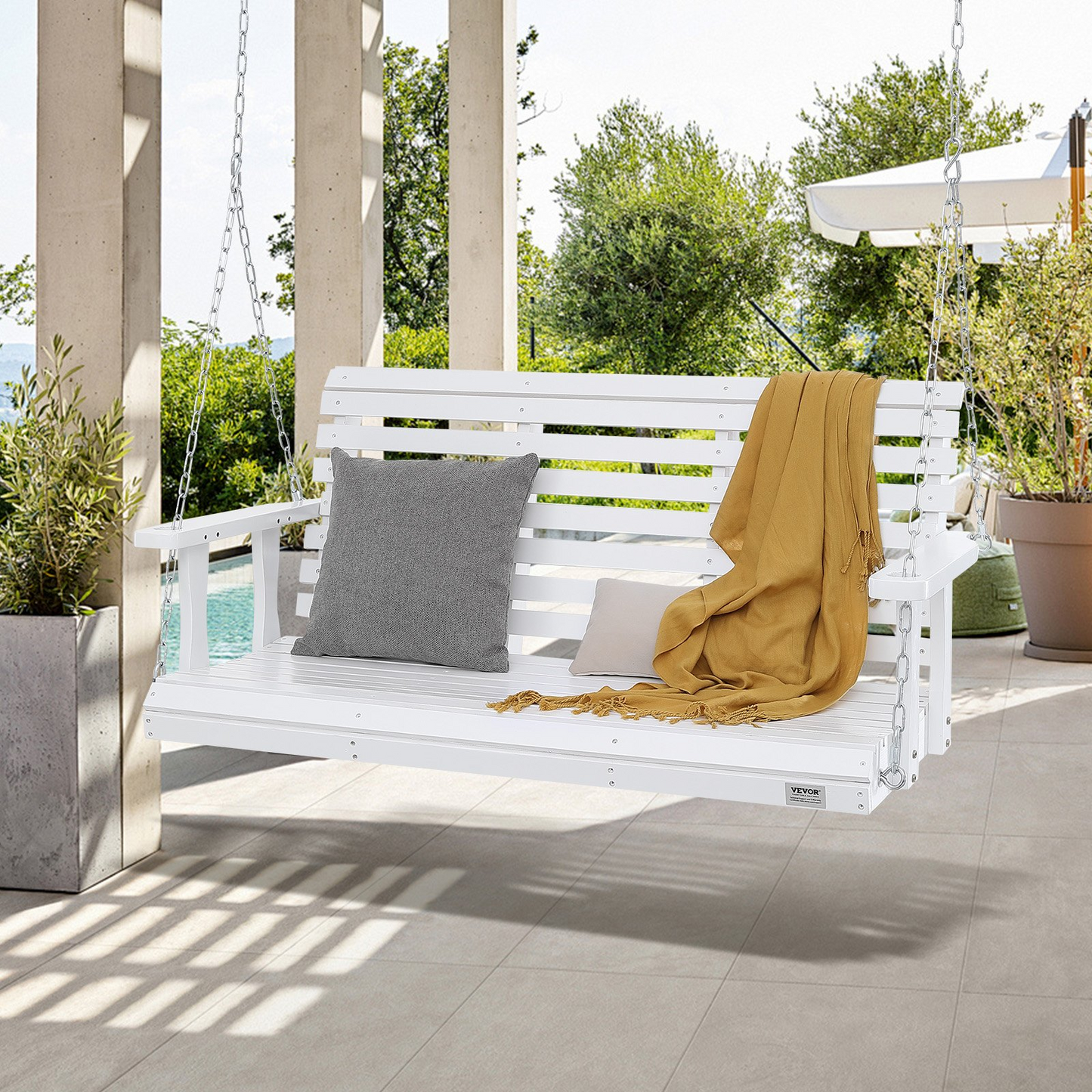 VEVOR 54” Porch Swing Bench Wooden Hanging Outdoor Garden Patio Courtyard White