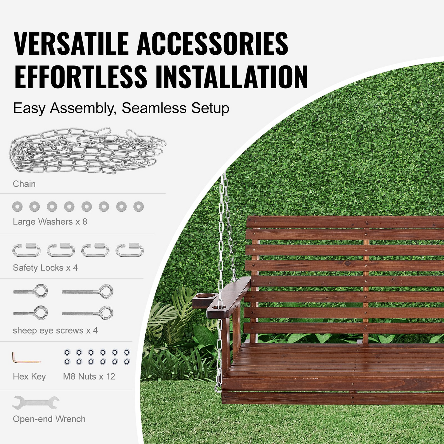 VEVOR 65” Porch Swing Bench Wooden Hanging Outdoor Garden Patio Courtyard Brown