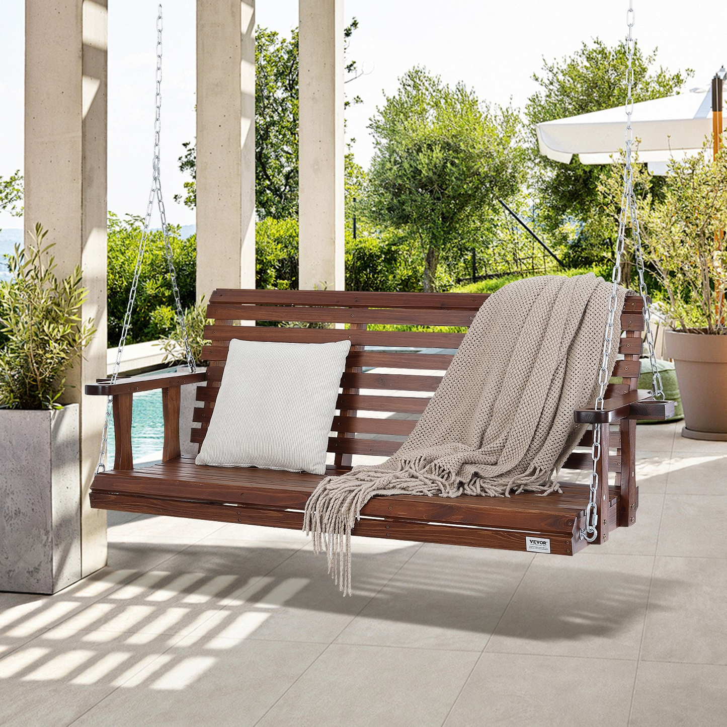 VEVOR 65” Porch Swing Bench Wooden Hanging Outdoor Garden Patio Courtyard Brown