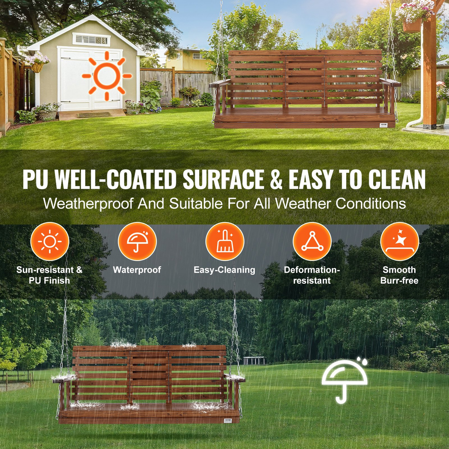 VEVOR 60” Porch Swing Bench Wooden Hanging Outdoor Garden Patio Courtyard Brown