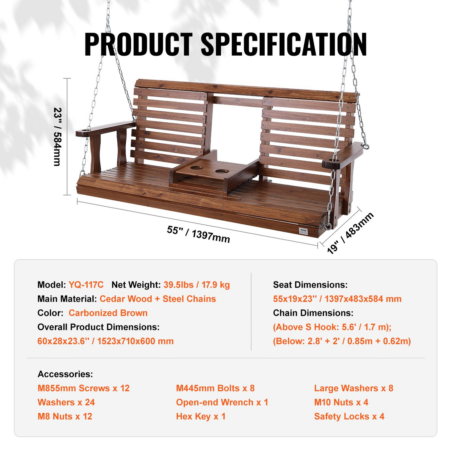 VEVOR 60” Porch Swing Bench Wooden Hanging Outdoor Garden Patio Courtyard Brown