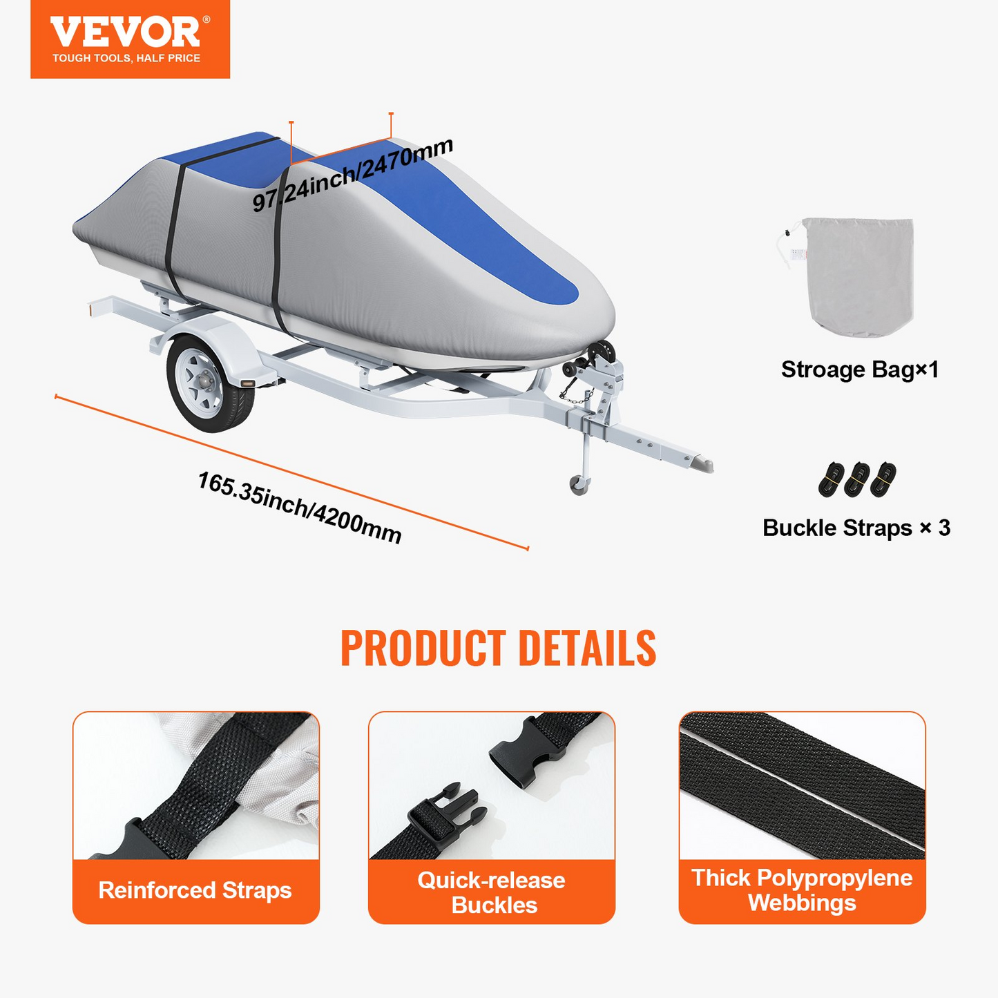 VEVOR Jet Ski Cover, 3200-3420 mm Trailerable Waterproof PWC Cover, Heavy-duty 600D Marine Grade PU Oxford Fabric, UV Resistant Seadoo Cover with Buckle Straps, Personal Watercraft Covers, Grey+Blue