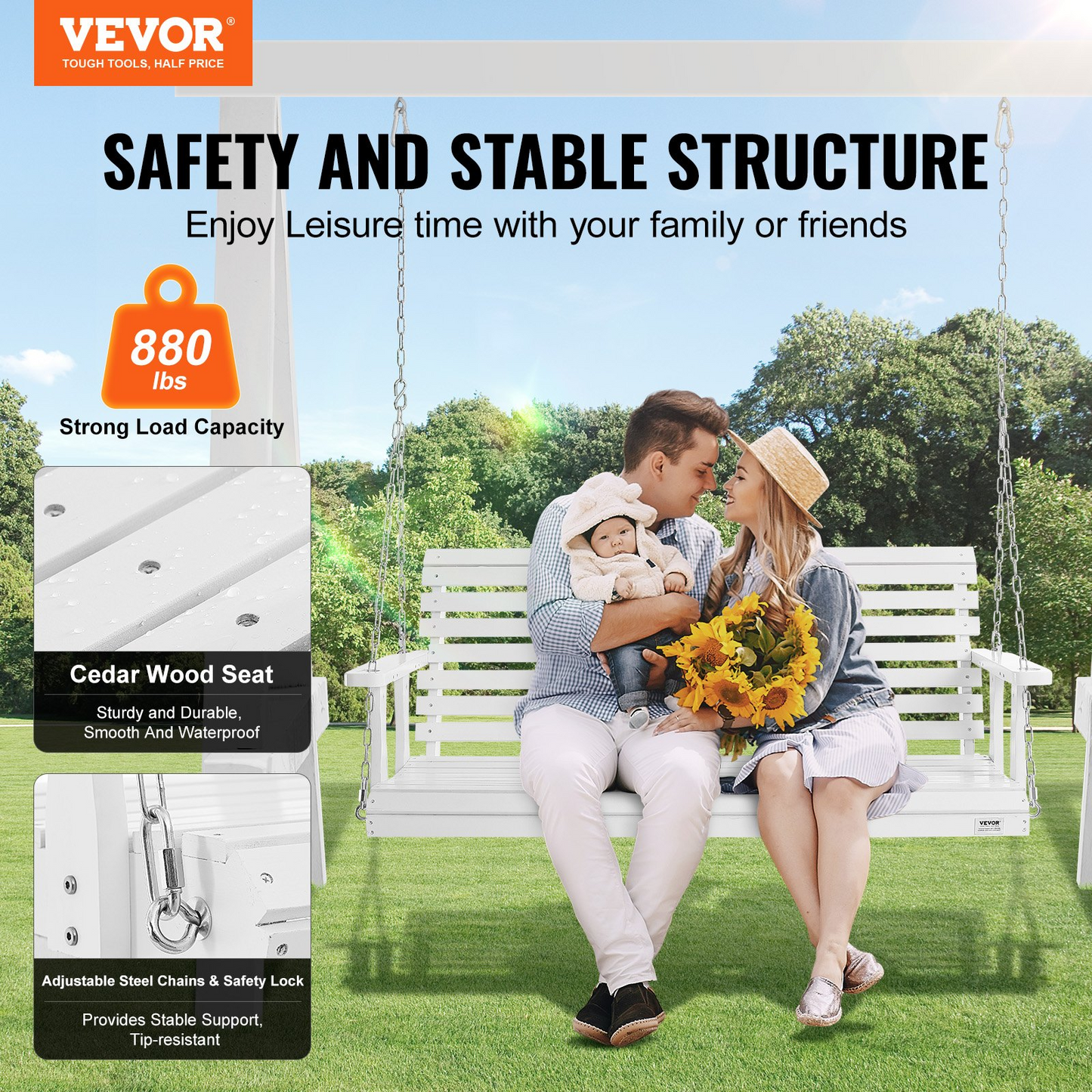VEVOR 60” Porch Swing Bench Wooden Hanging Outdoor Garden Patio Courtyard White