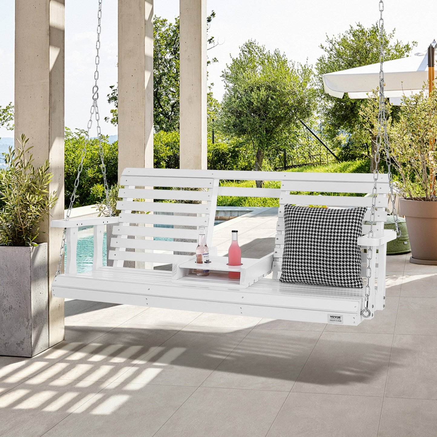 VEVOR 60” Porch Swing Bench Wooden Hanging Outdoor Garden Patio Courtyard White