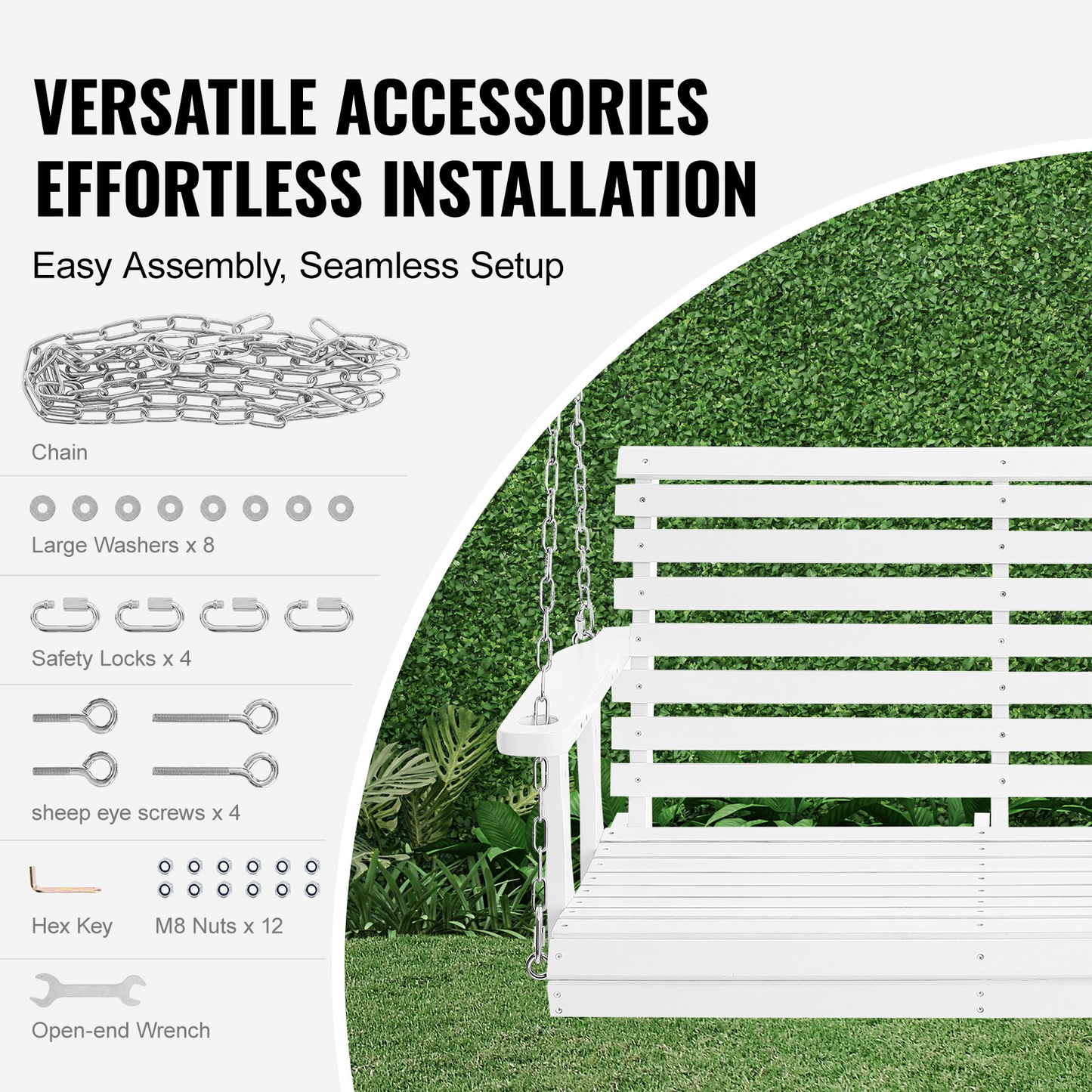 VEVOR 48” Porch Swing Bench Wooden Hanging Outdoor Garden Patio Courtyard White