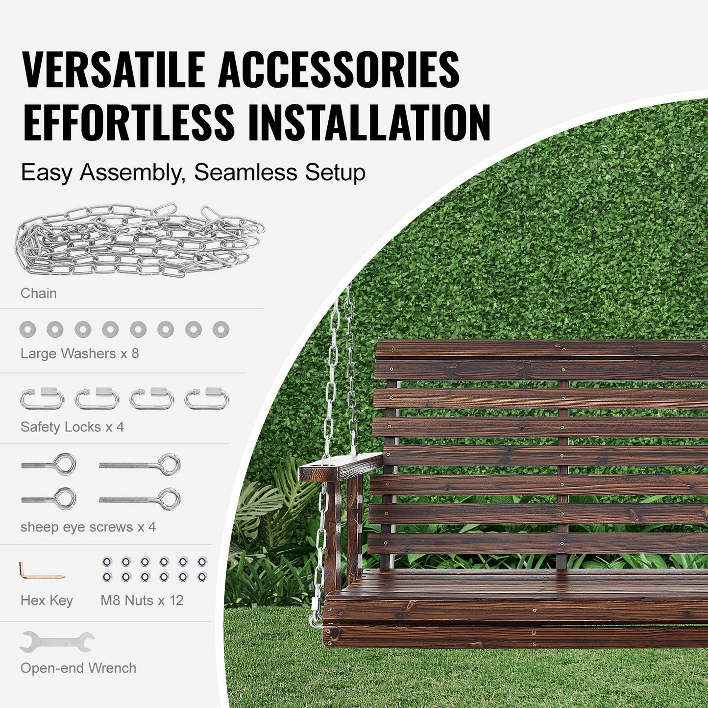 VEVOR 54” Porch Swing Bench Wooden Hanging Outdoor Garden Patio Courtyard Brown