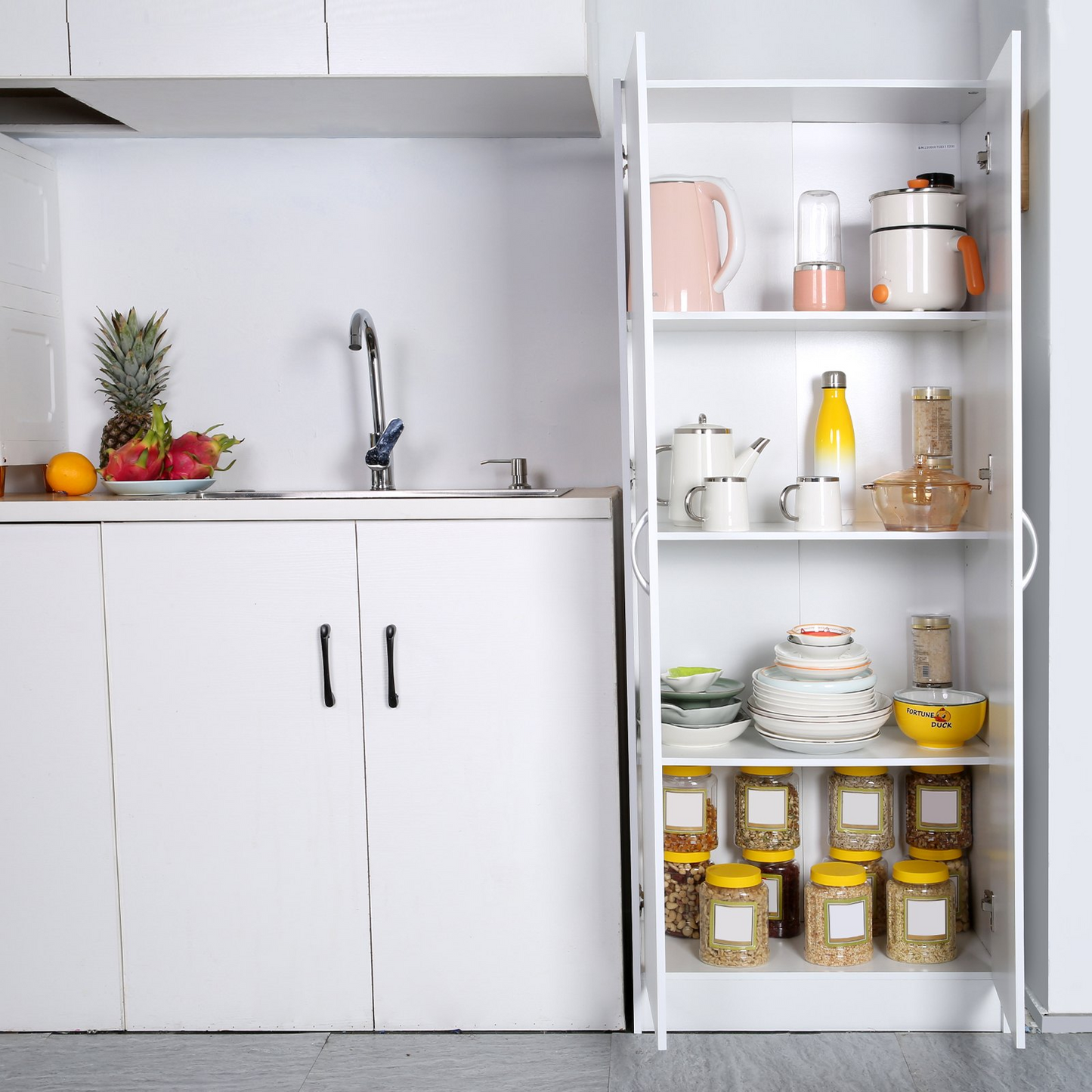 VEVOR Kitchen Pantry Cabinet, 60" Tall Food Pantry Storage Cabinet, 110LBS Freestanding Storage Cabinet Cupboard with 3 Shelves(2 Adjustable), Engineered Wood Utility Pantry for Kitchen, Dining Room