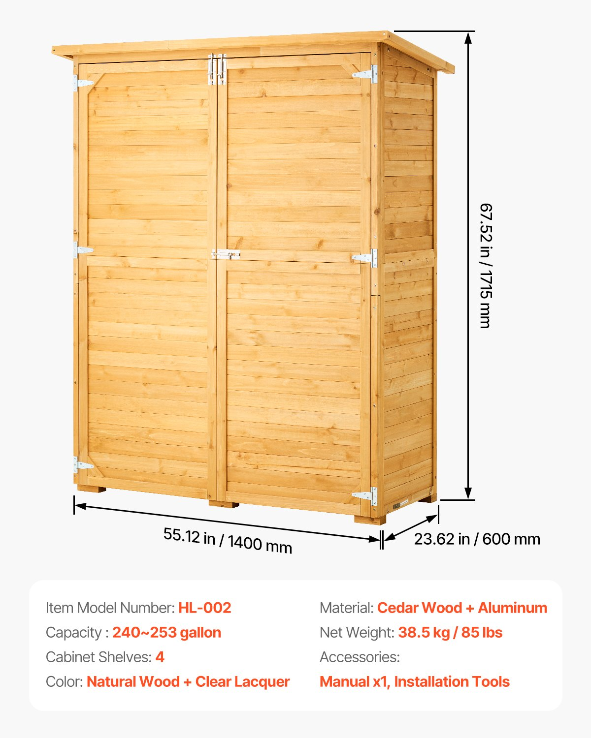 VEVOR Outdoor Wooden Storage Shed Waterproof Garden Tool Shed 55x67.5 inch