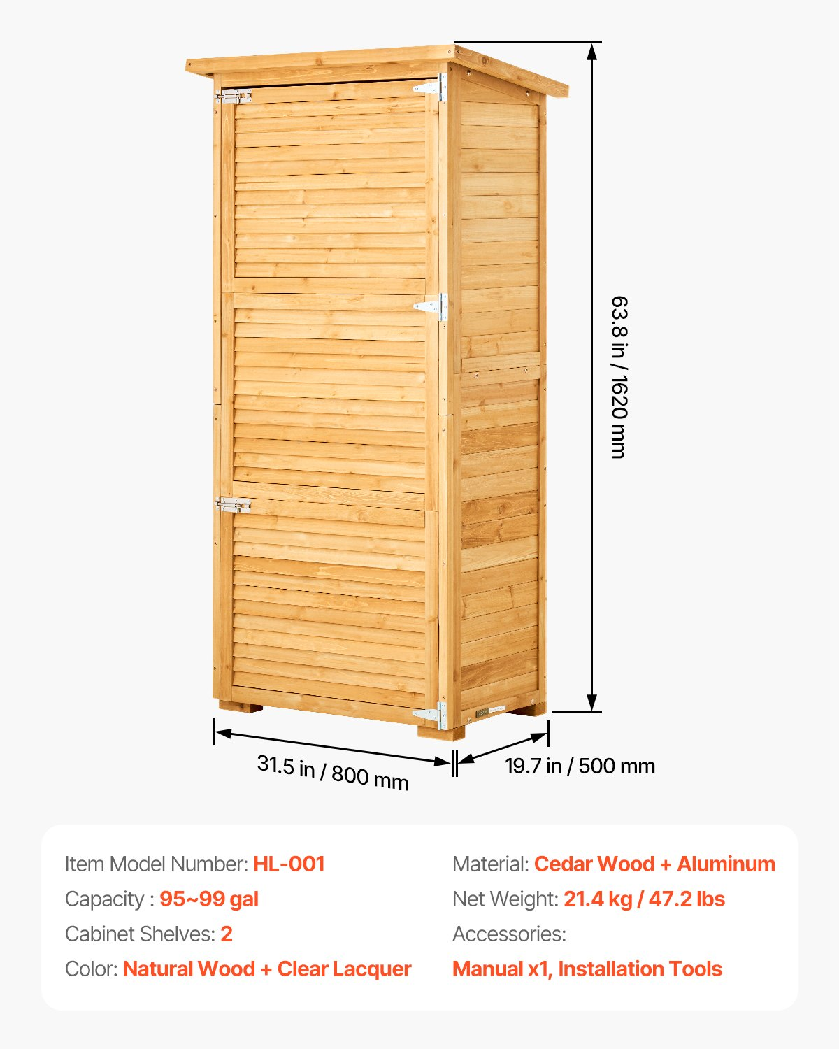 VEVOR Outdoor Wooden Storage Shed Waterproof Garden Tool Shed 31.5x63.8 inch