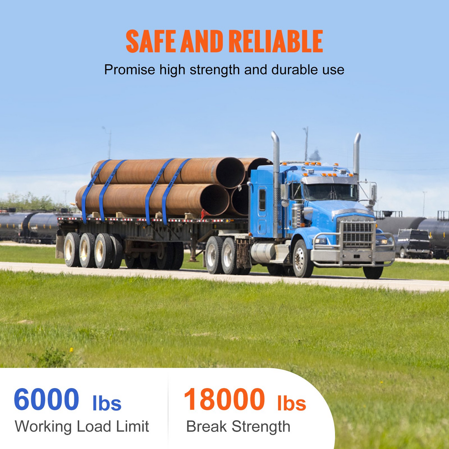 VEVOR Winch Straps, 4" x 30', 6000 lbs Load Capacity, 18000 lbs Breaking Strength, Truck Straps with Flat Hook, Flatbed Tie Downs Cargo Control for Trailers, Farms, Rescues, Tree Saver, Blue (10 Pack)