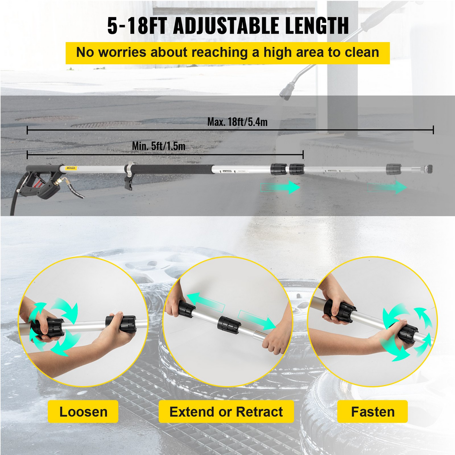 VEVOR Pressure Washer Wand Telescoping 548.6 cm 4000psi Telescopic Pressure Washer Wand with Strap Belt 0.95 cm Quick Connector Extension Pole for Power Washer Spray Lance 5 Nozzles Driveway Building Car