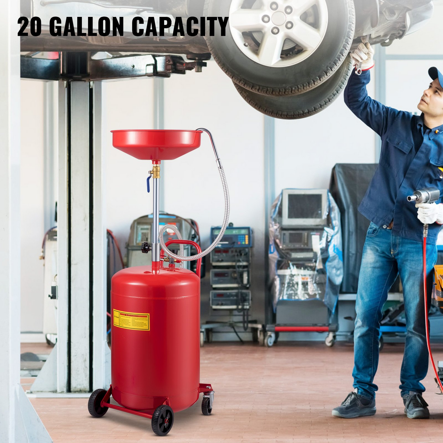 VEVOR Waste Oil Drain Tank 80 L Portable Oil Drain Air Operated Drainer Oil Change, Oil Drain Container, Fluid Fuel Transfer Drainage Adjustable Funnel Height, with Wheel for Easy Oil Removal