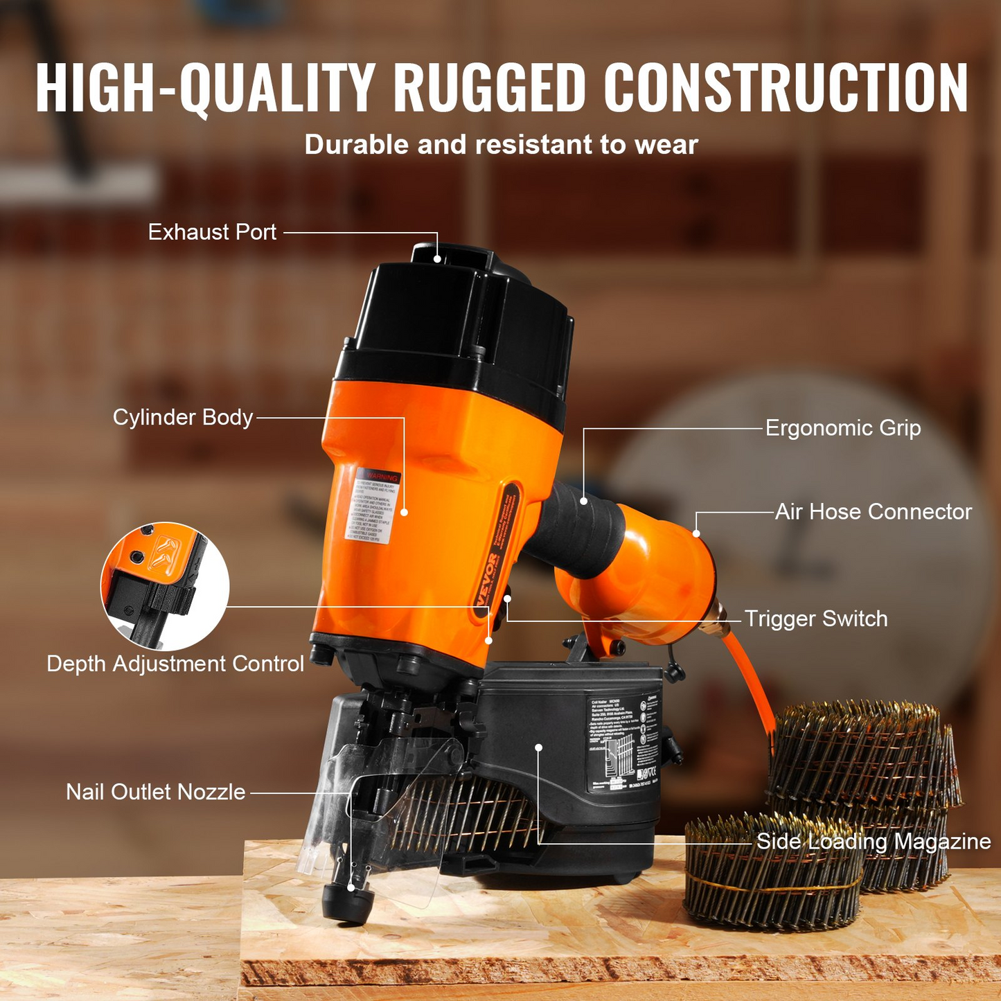 VEVOR MCN90 Coil Framing Nailer 44.45 mm to 88.9 mm 15 Degree Pneumatic Nail Gun