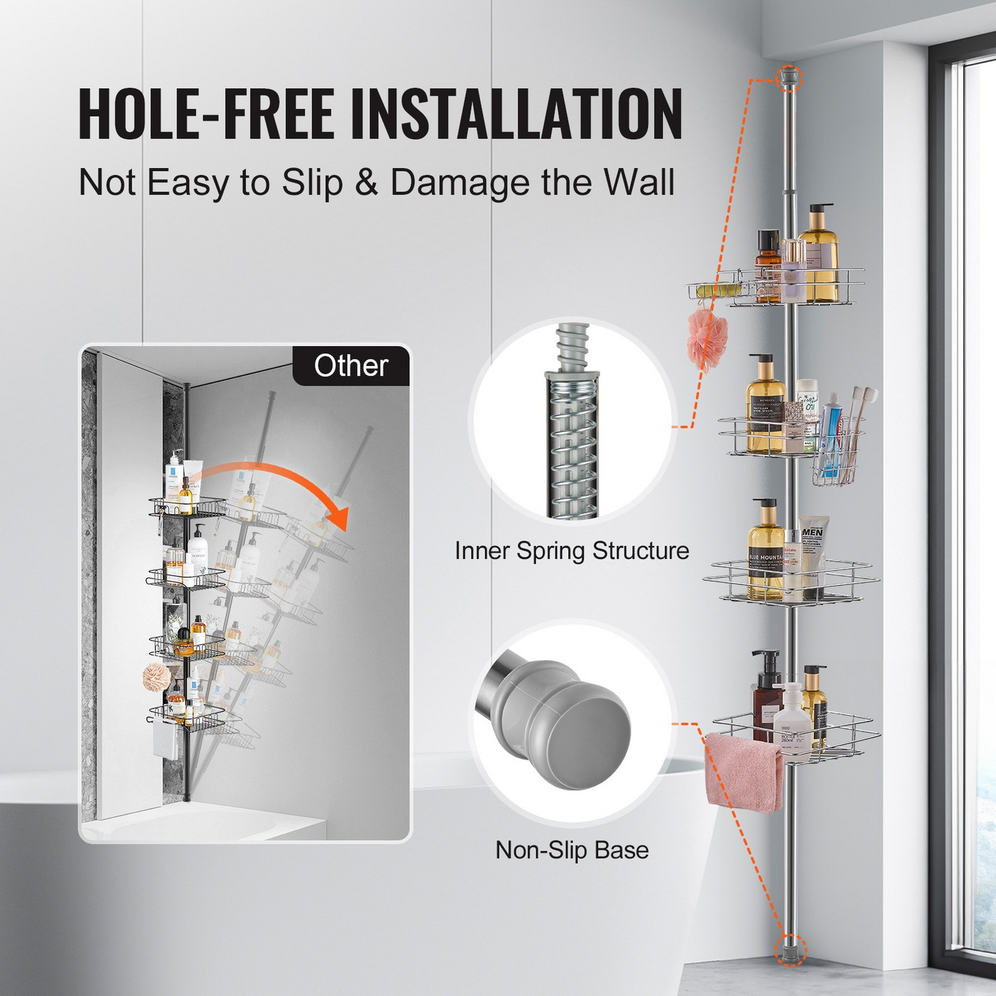 VEVOR 42" to 114" High Shower Corner Caddy Tension Pole Rust-Proof Tension Pole