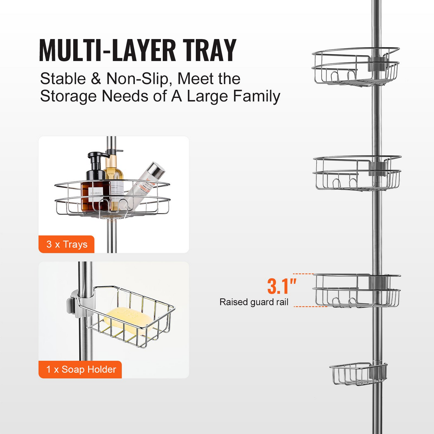 VEVOR 39" to 125" High Shower Corner Caddy Tension Pole Rust-Proof Tension Pole