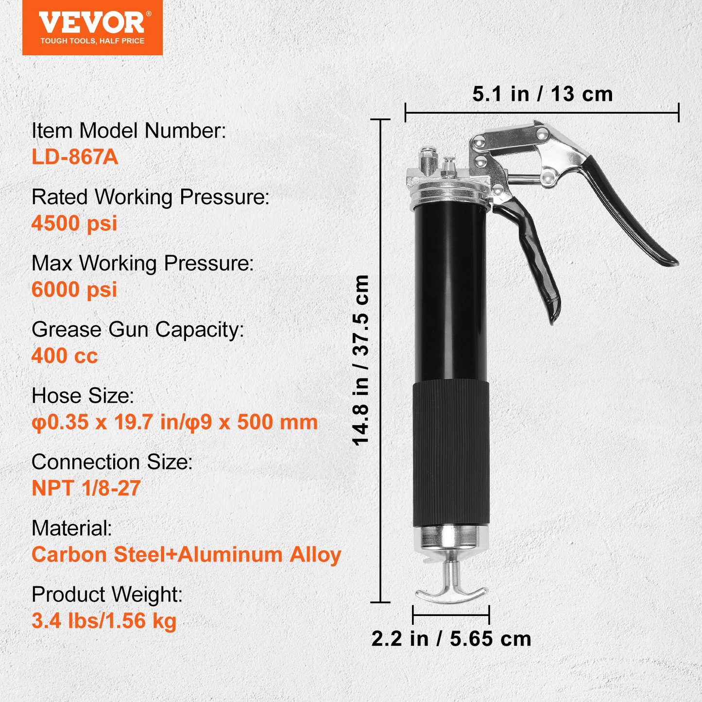 VEVOR Pistol Grip Grease Gun 6000PSI 397 g Heavy Duty Manual Grease Gun Flex Hose