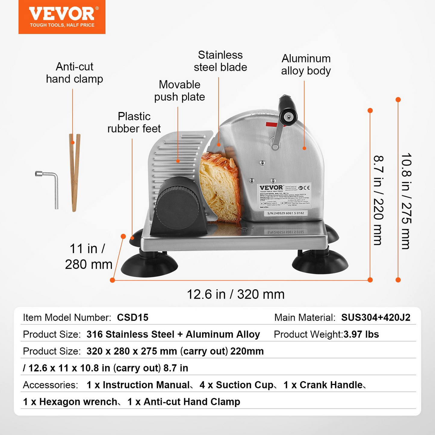 VEVOR Manual Bread Slicer 0-6" Cheeser Butter Cutting for Kitchen Restaurant