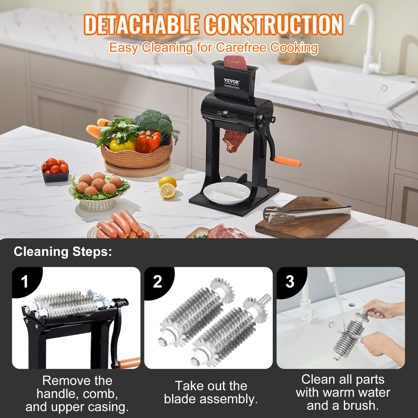 VEVOR Commercial Meat Tenderizer, Heavy Duty Stainless Steel Meat Tenderizer Machine, Quick and Easy Manual Operation Kitchen Tool, 14.7 cm Feed Port for Beef, Turkey, Chicken, Pork, Steak, and Fish