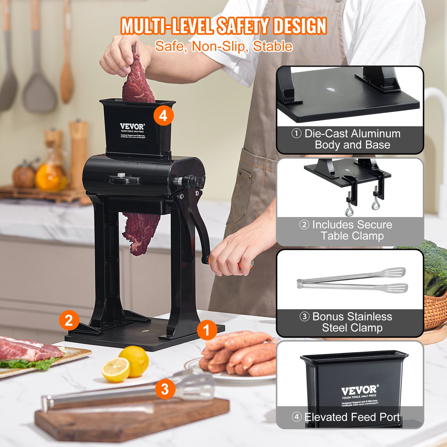 VEVOR Commercial Meat Tenderizer, Heavy Duty Stainless Steel Meat Tenderizer Machine, Quick and Easy Manual Operation Kitchen Tool, 14.7 cm Feed Port for Beef, Turkey, Chicken, Pork, Steak, and Fish