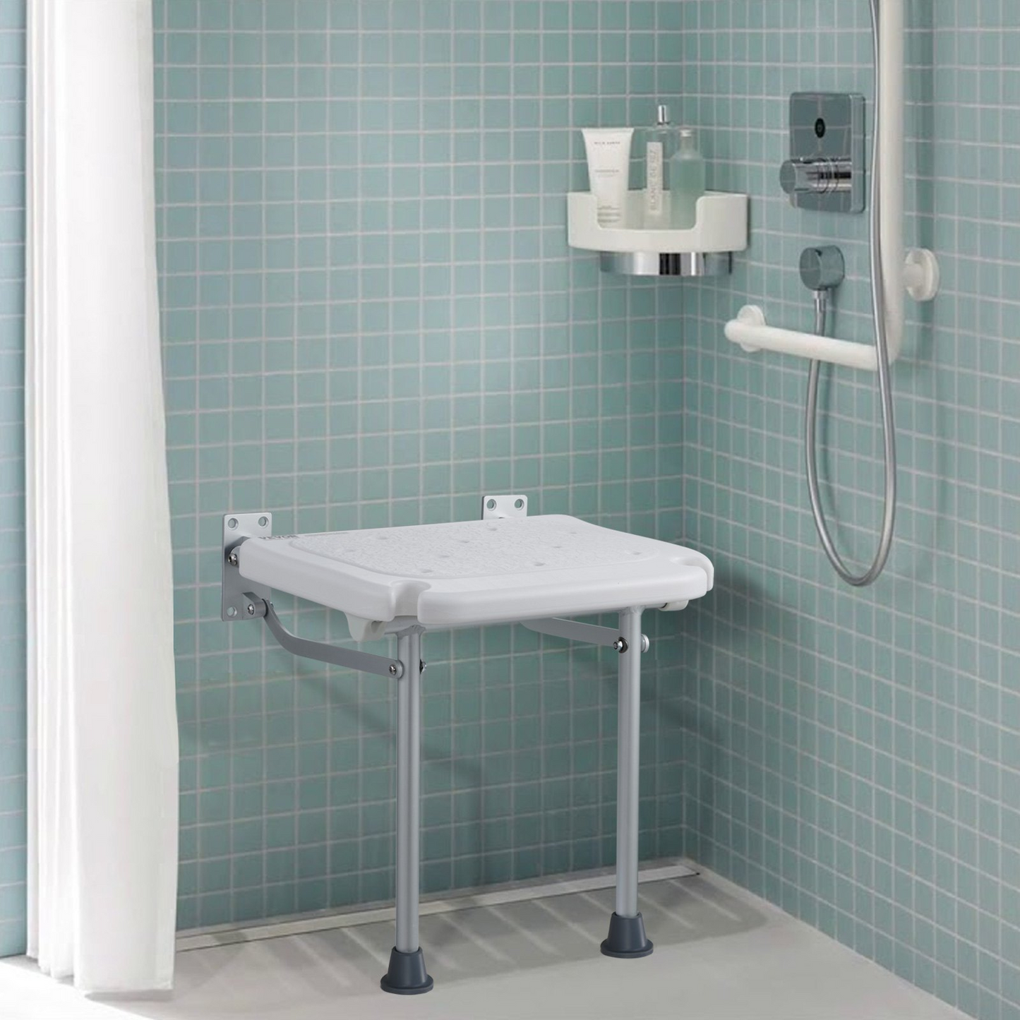 VEVOR Folding PE Shower Seat 15.7'' x 14.8'' Wall Mounted Shower Bench 500 lbs