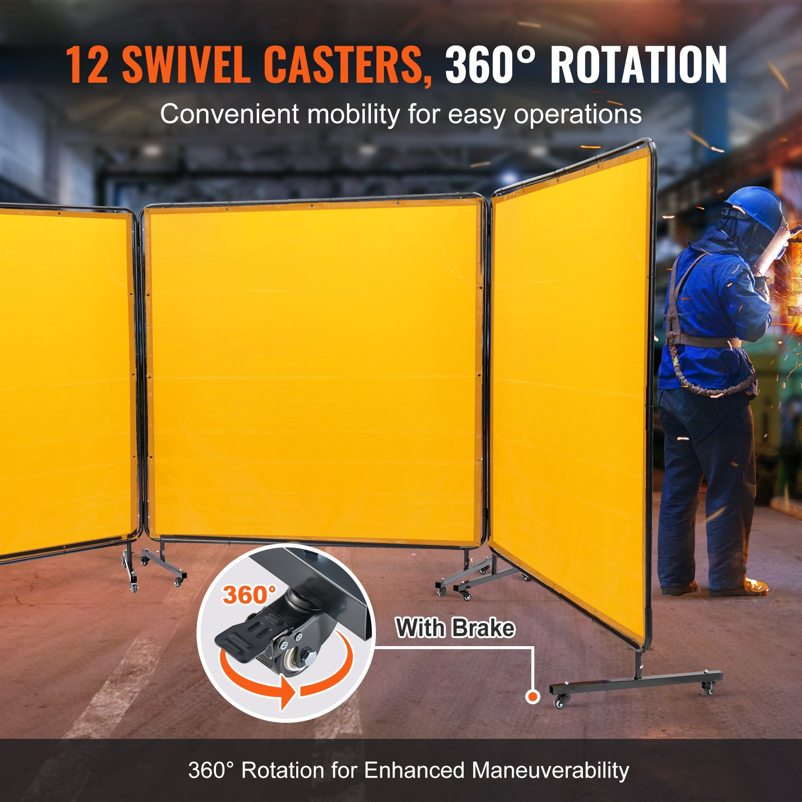 VEVOR Welding Screen with Frame, 6' x 6' 3 Panel Welding Curtain Screens, Flame-Resistant Vinyl Welding Protection Screen on 12 Swivel Wheels (6 Lockable), Moveable & Professional for Workshop, Yellow