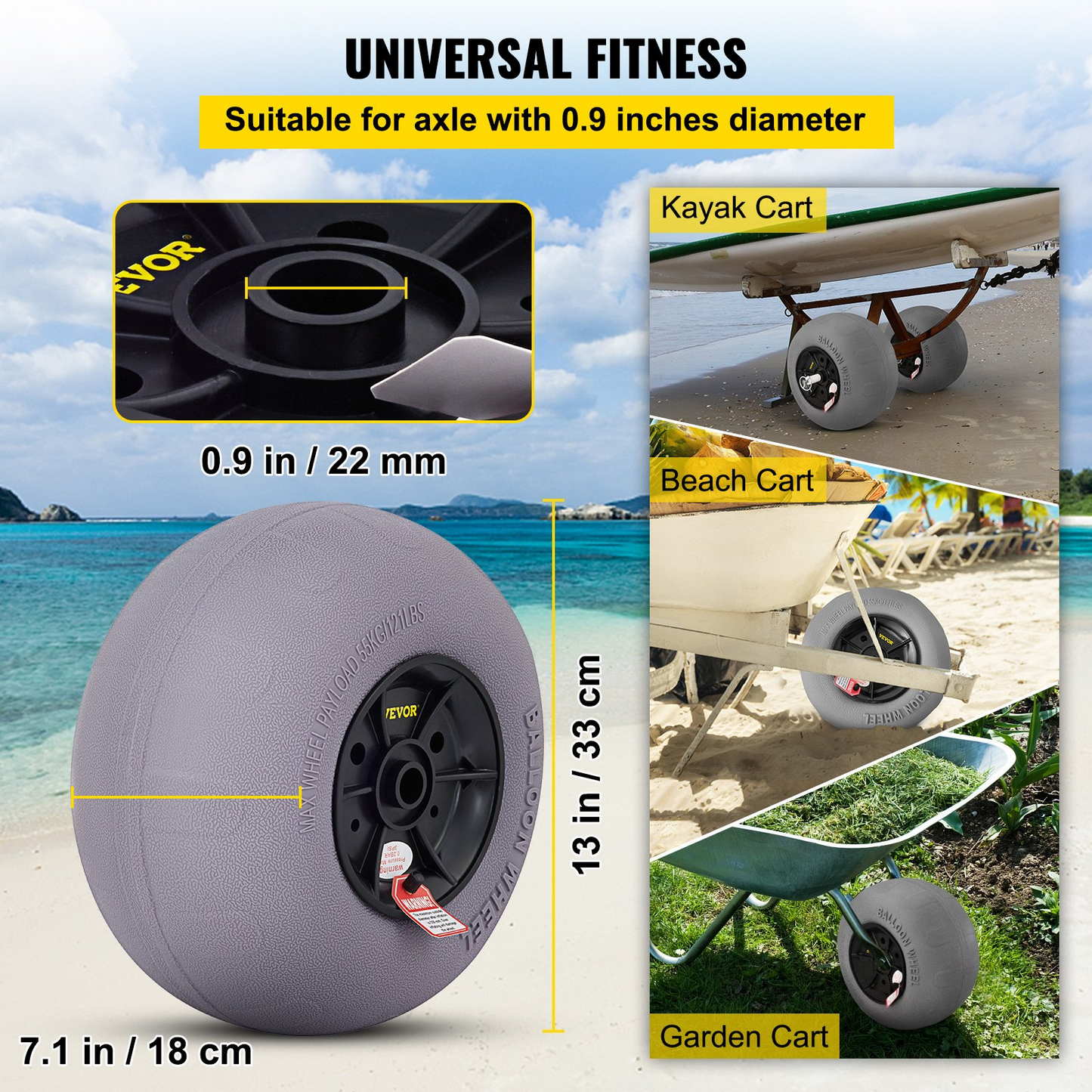 VEVOR Beach Balloon Wheels, 33 cm Replacement Sand Tires, TPU Cart Tires for Kayak Dolly, Canoe Cart and Buggy w/ Free Air Pump, 2-Pack