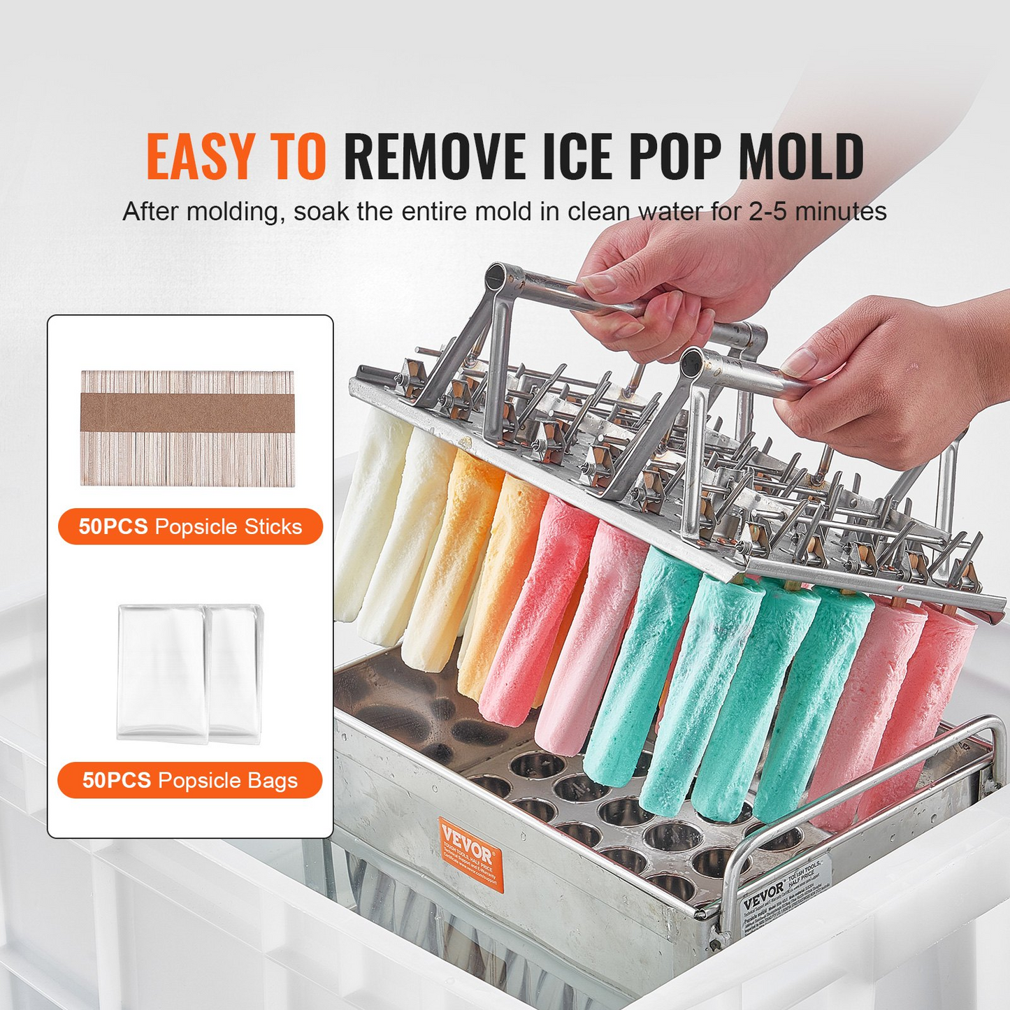 VEVOR Commercial Popsicle Moulds, 40PCS Cylindrical Ice Pop Moulds, Stainless Steel Ice Lolly Popsicle Moulds, Ice Cream Maker Mould Holder with 50PCS Popsicle Sticks & Bags (Single Mould Set - 40PCS)