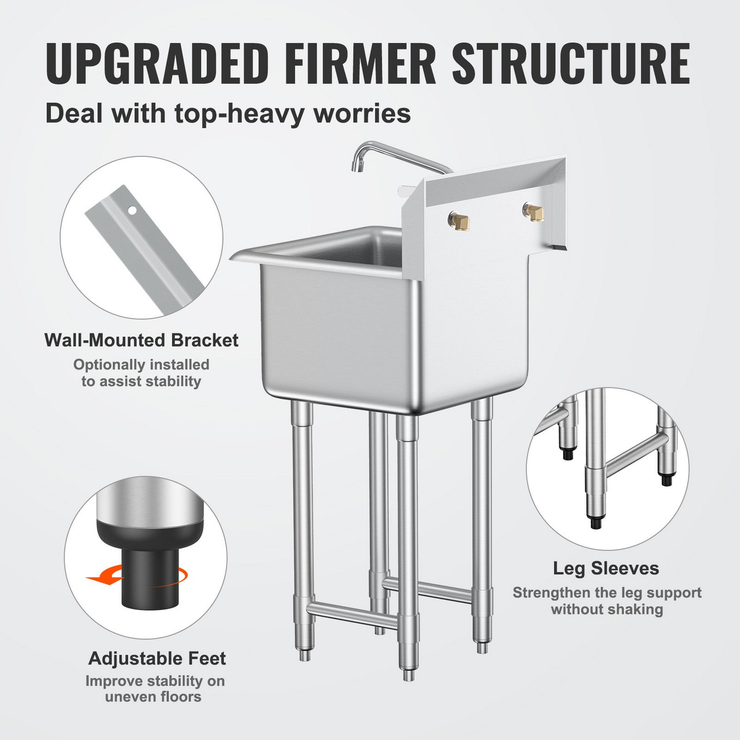 VEVOR Stainless Steel Prep & Utility Sink, 1 Compartment Free Standing Small Sink Include Faucet & legs, 45.7 x 104.1 cm Commercial Single Bowl Sinks for Garage, Restaurant, Kitchen, Laundry, NSF Certified